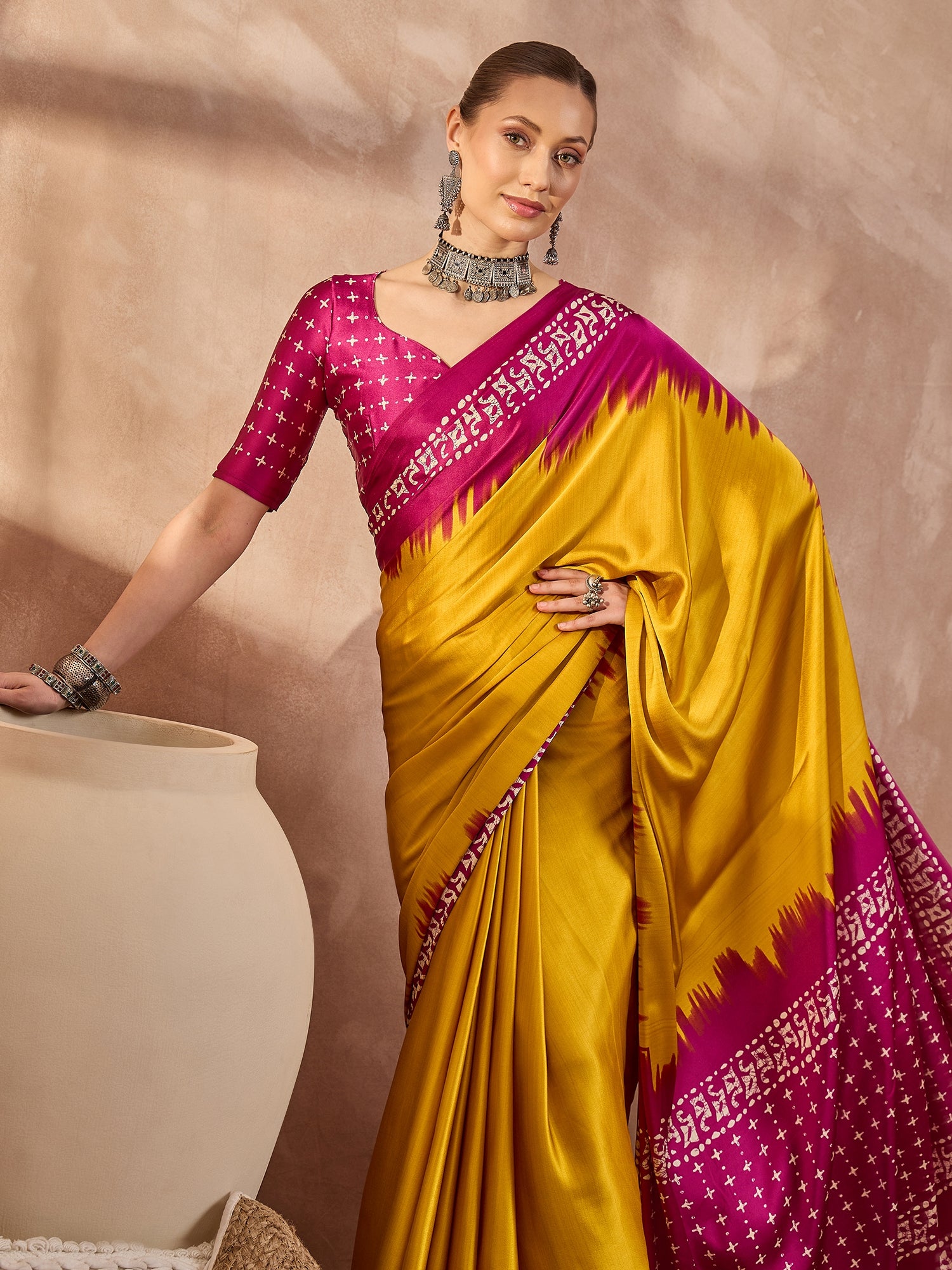 Divine Function Wear Silk Print Design Rich Pallu Fancy Saree With Unstitched Blouse