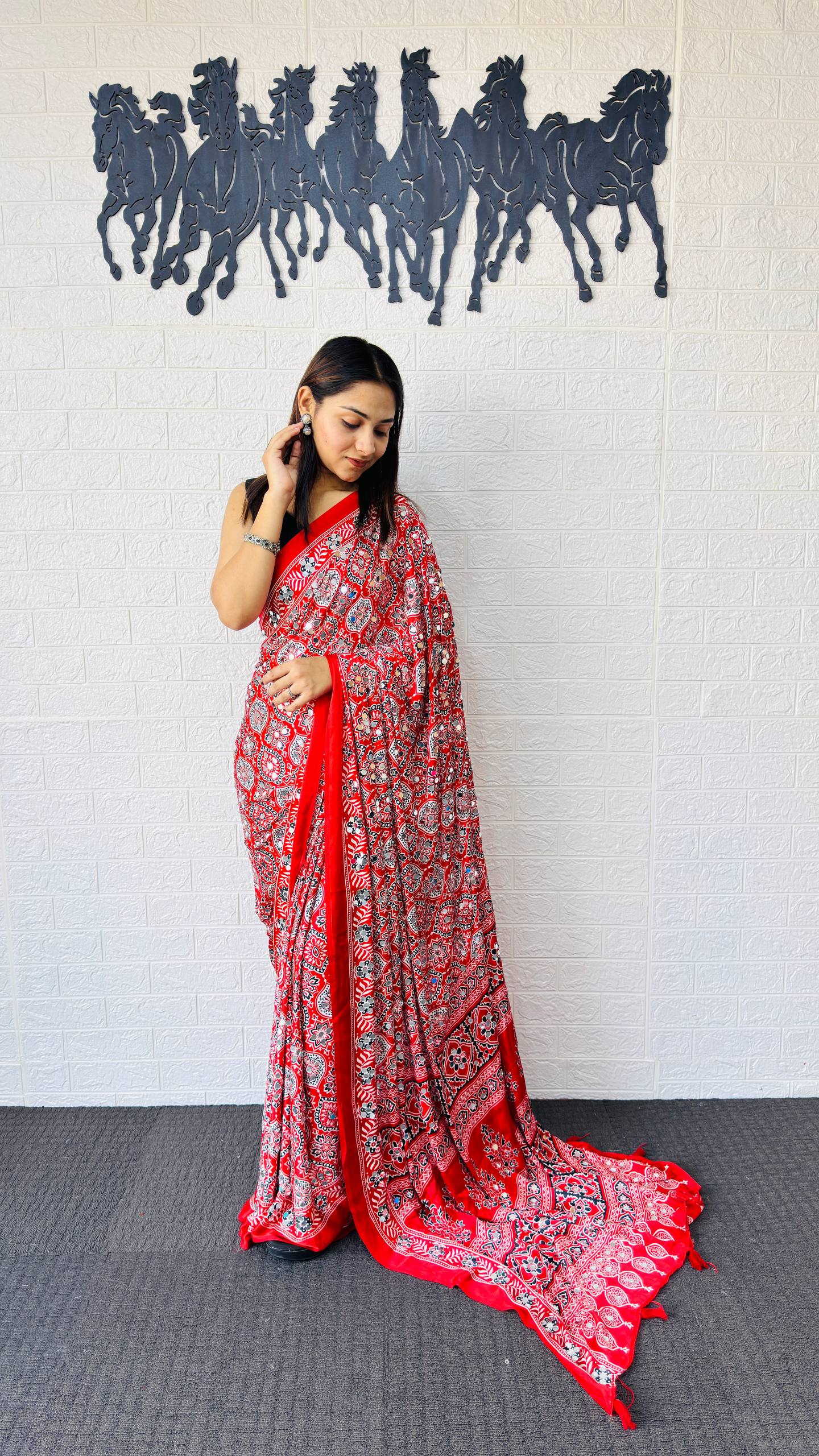 Charming Festive Wear Satin Silk Heavy Mirror n Latkan Pallu Designer Saree With Unstitched Blouse Piece