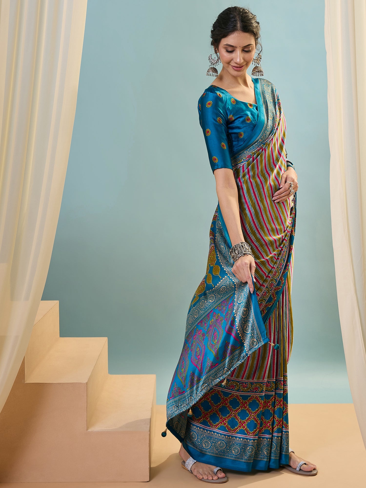 Attractive Function Wear Silk Print Designer Fancy Saree  With Unstitched Blouse Piece