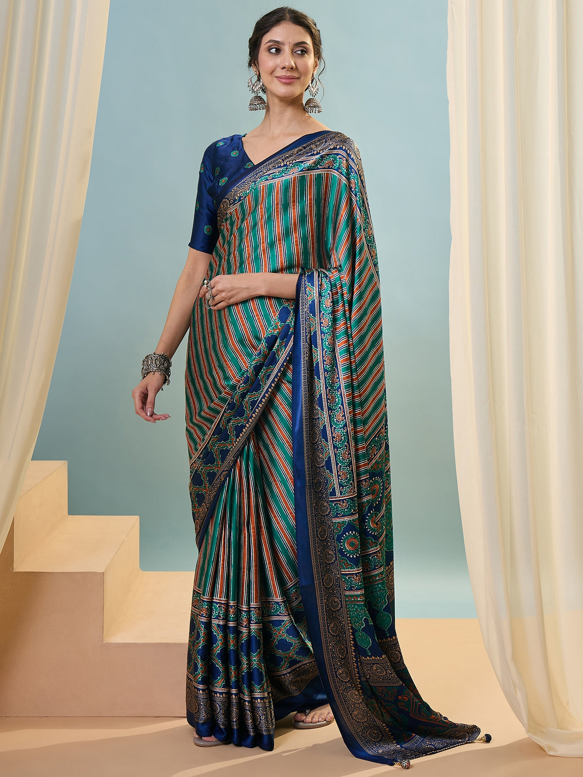 Attractive Function Wear Silk Print Designer Fancy Saree  With Unstitched Blouse Piece