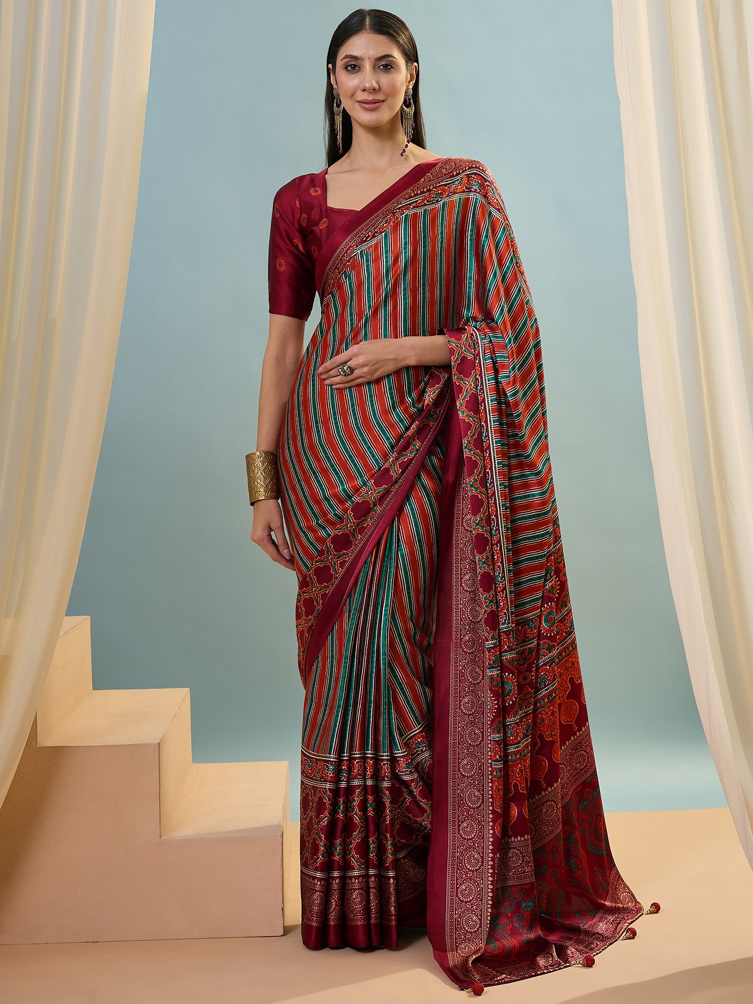 Attractive Function Wear Silk Print Designer Fancy Saree  With Unstitched Blouse Piece