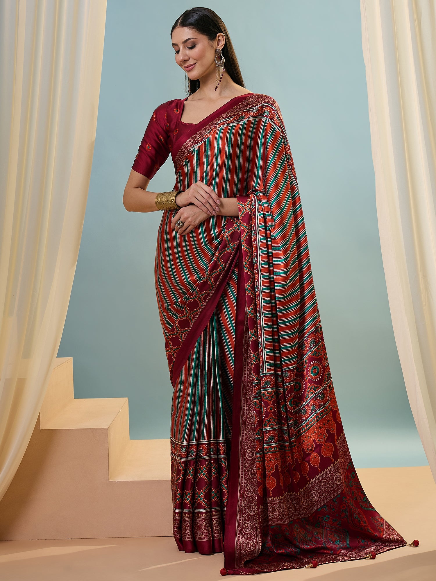 Attractive Function Wear Silk Print Designer Fancy Saree  With Unstitched Blouse Piece