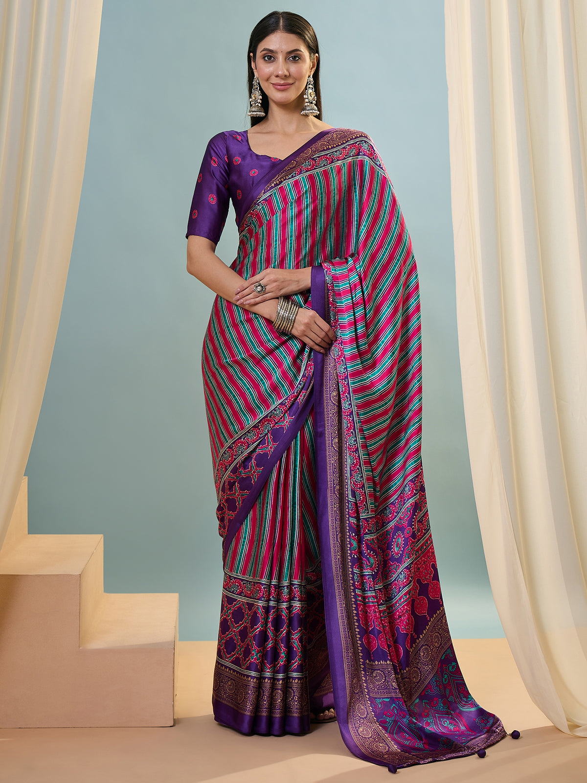 Attractive Function Wear Silk Print Designer Fancy Saree  With Unstitched Blouse Piece