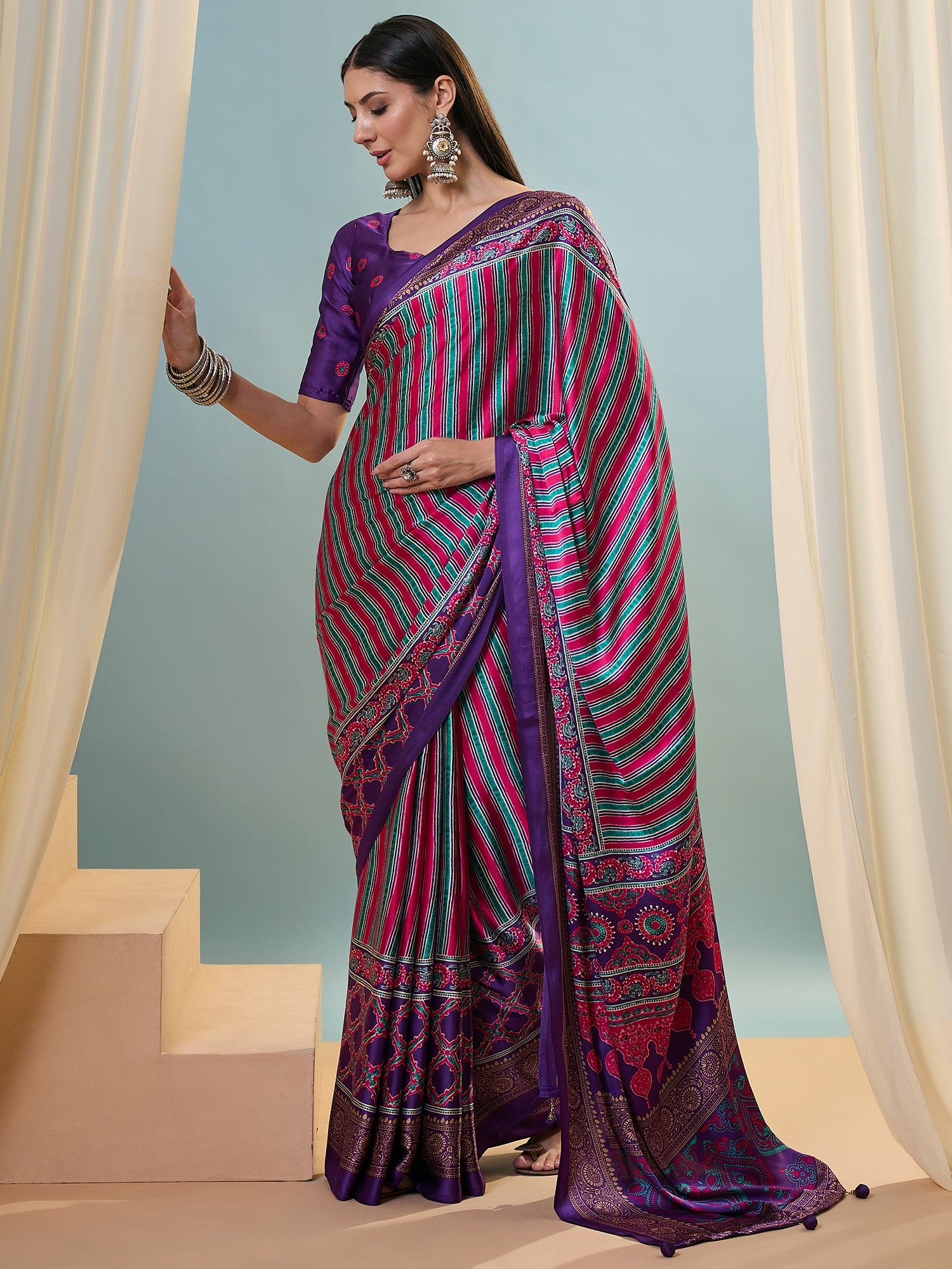 Attractive Function Wear Silk Print Designer Fancy Saree  With Unstitched Blouse Piece