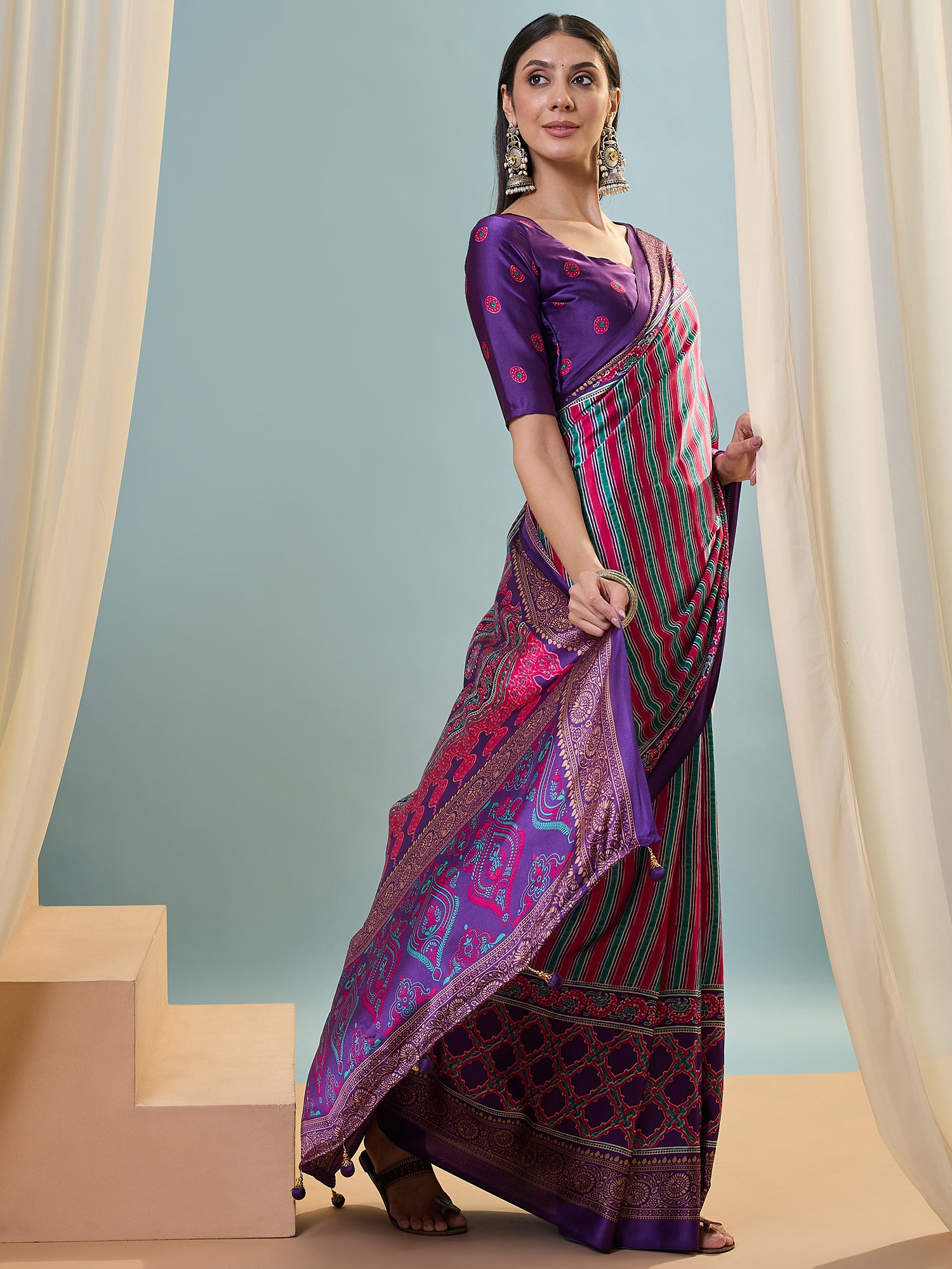 Attractive Function Wear Silk Print Designer Fancy Saree  With Unstitched Blouse Piece