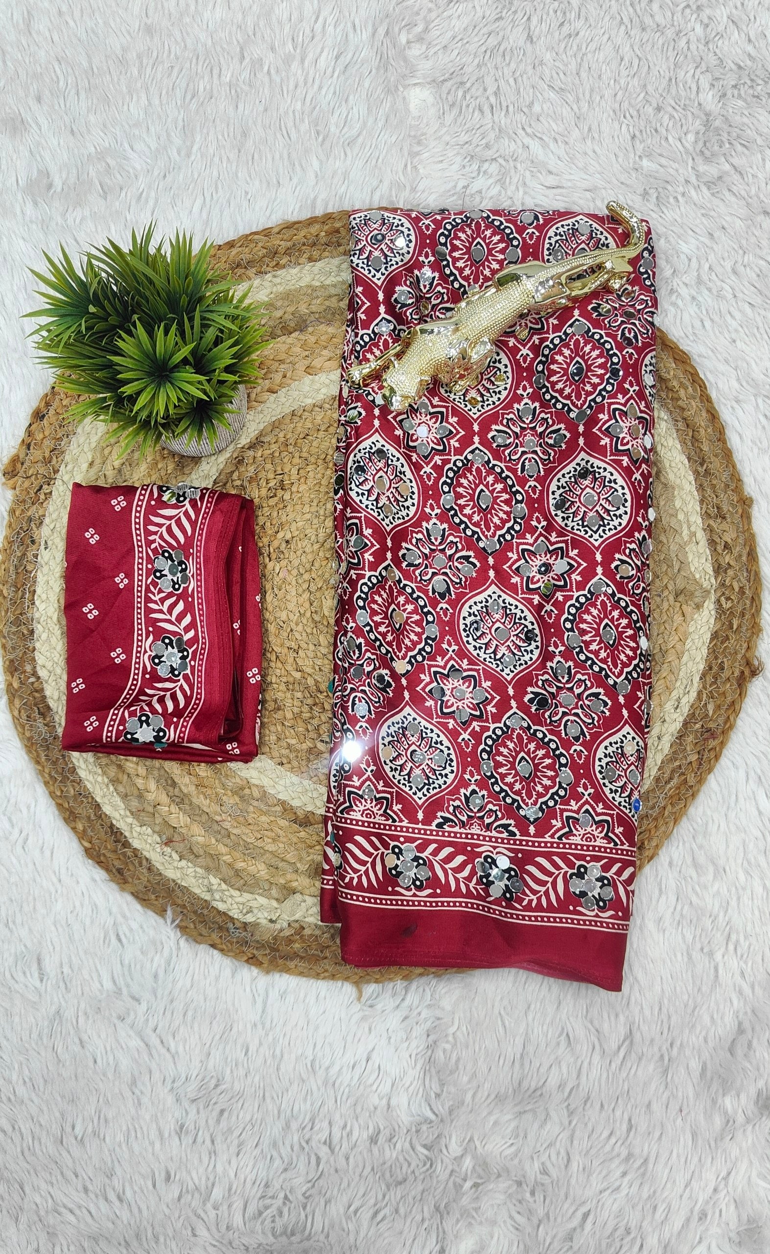 Charming Festive Wear Satin Silk Heavy Mirror n Latkan Pallu Designer Saree With Unstitched Blouse Piece