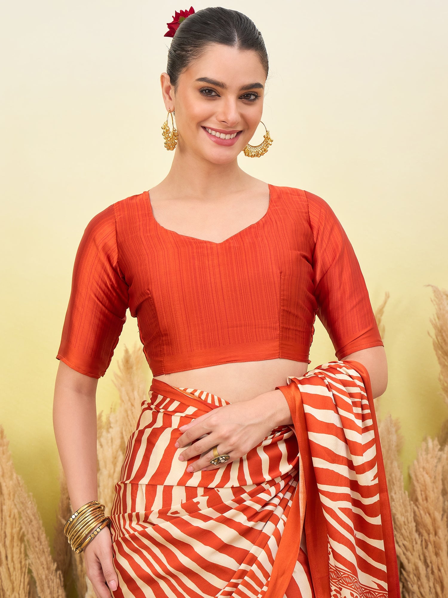 Magnetic Function Wear Pure Satin Silk Print Design Fancy Saree With Unstitched Blouse Piece
