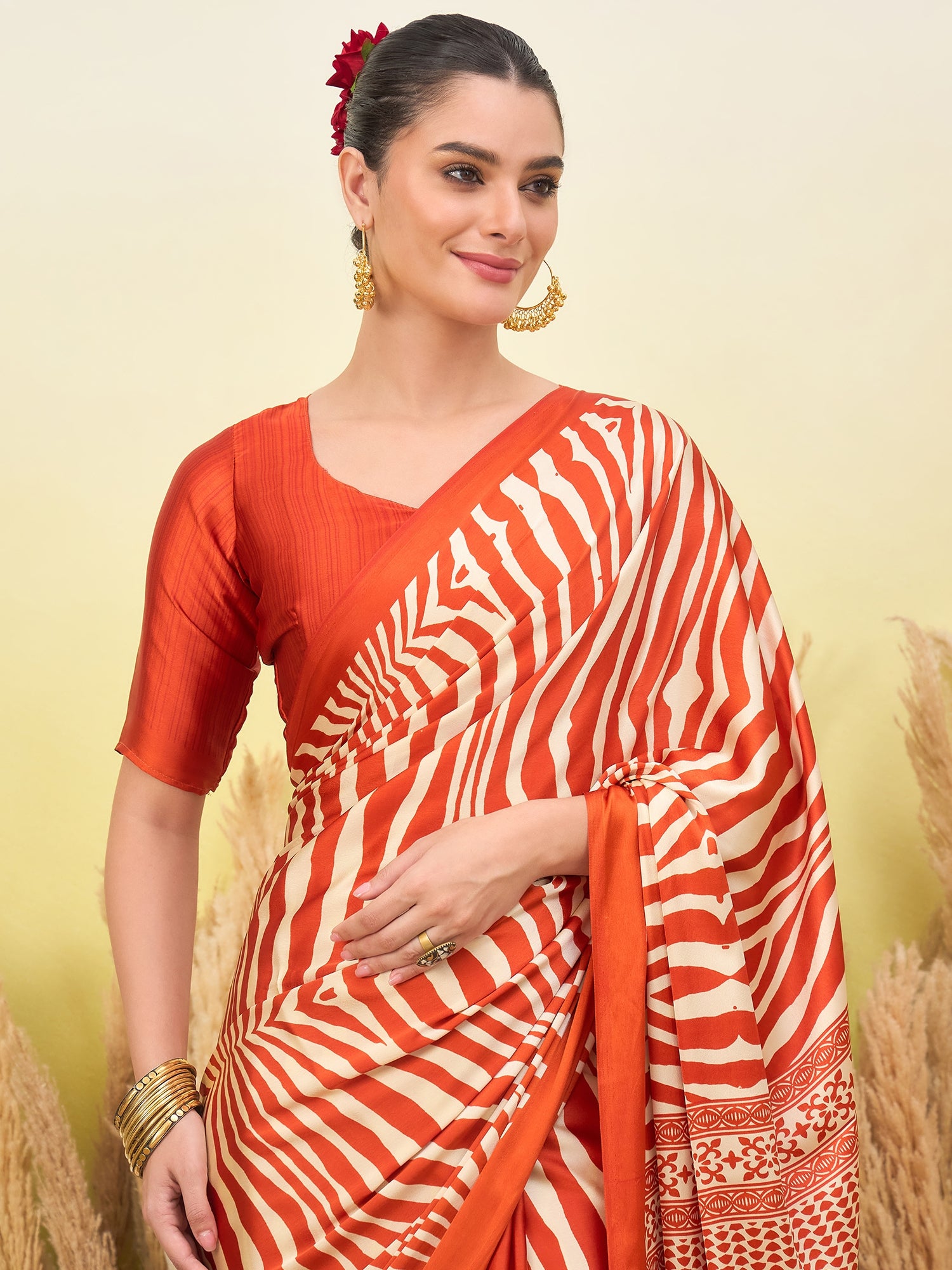 Magnetic Function Wear Pure Satin Silk Print Design Fancy Saree With Unstitched Blouse Piece