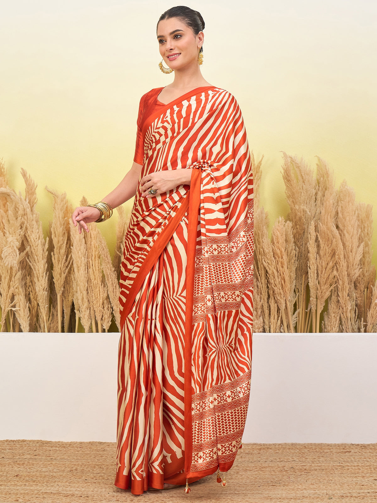 Magnetic Function Wear Pure Satin Silk Print Design Fancy Saree With Unstitched Blouse Piece