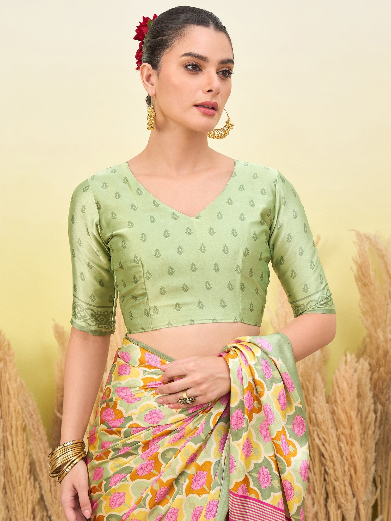 Blossom Party Wear Silk Flower Print Design Fancy Saree With Elegant Blouse Piece