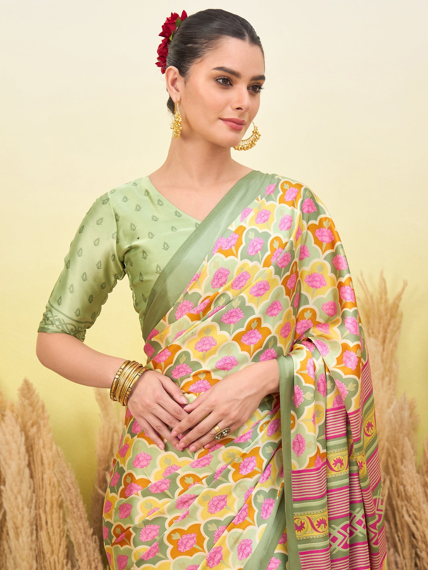 Blossom Party Wear Silk Flower Print Design Fancy Saree With Elegant Blouse Piece