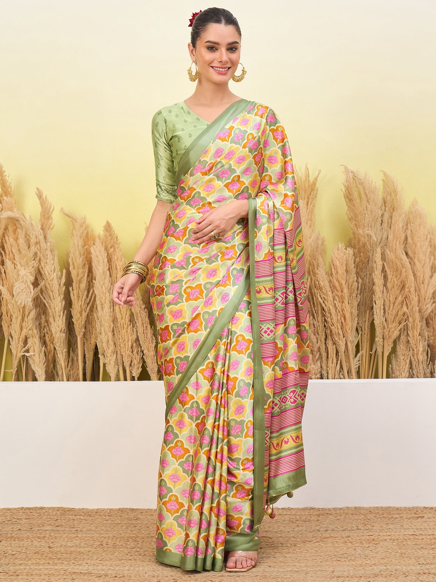 Blossom Party Wear Silk Flower Print Design Fancy Saree With Elegant Blouse Piece