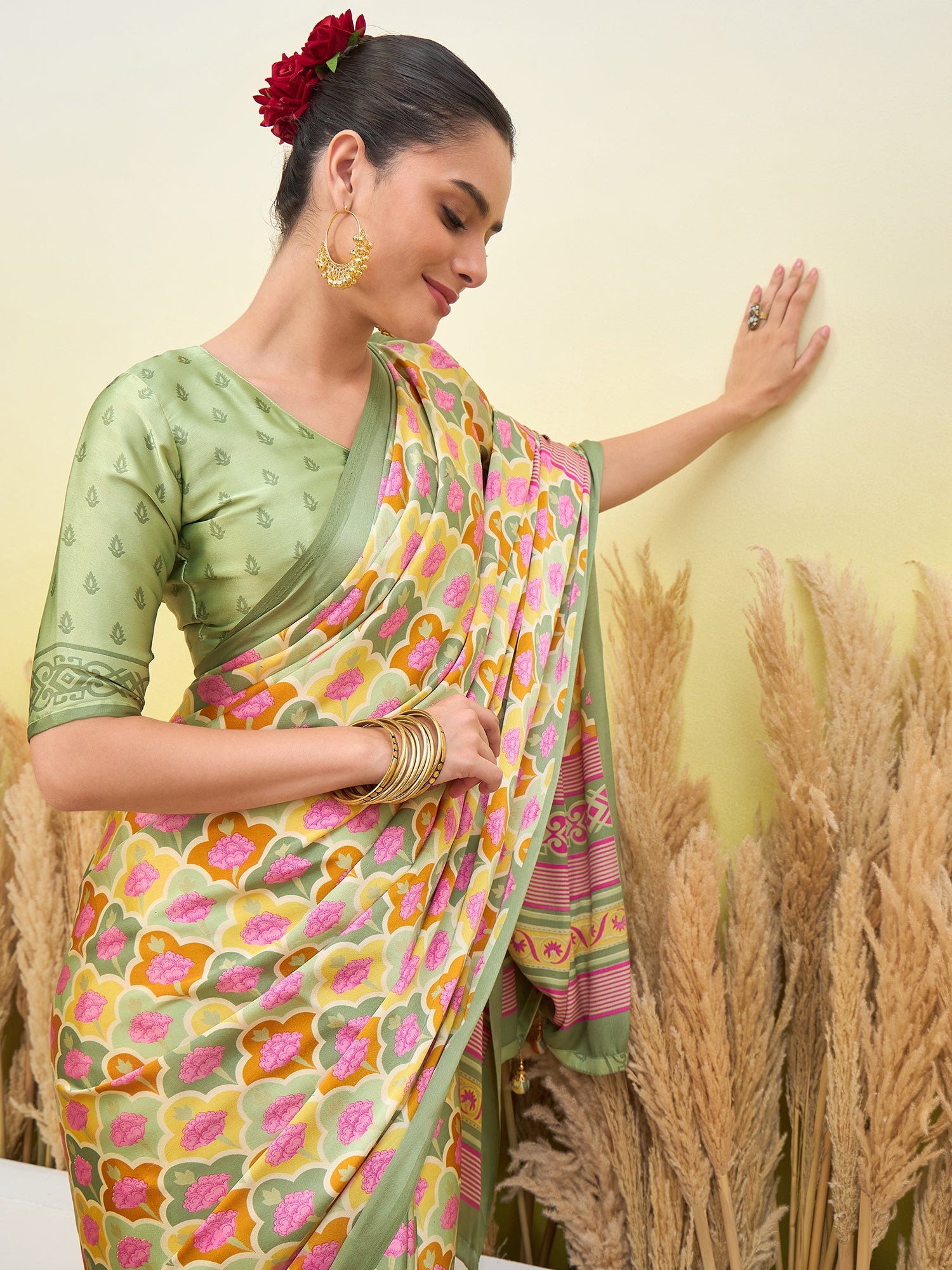 Blossom Party Wear Silk Flower Print Design Fancy Saree With Elegant Blouse Piece