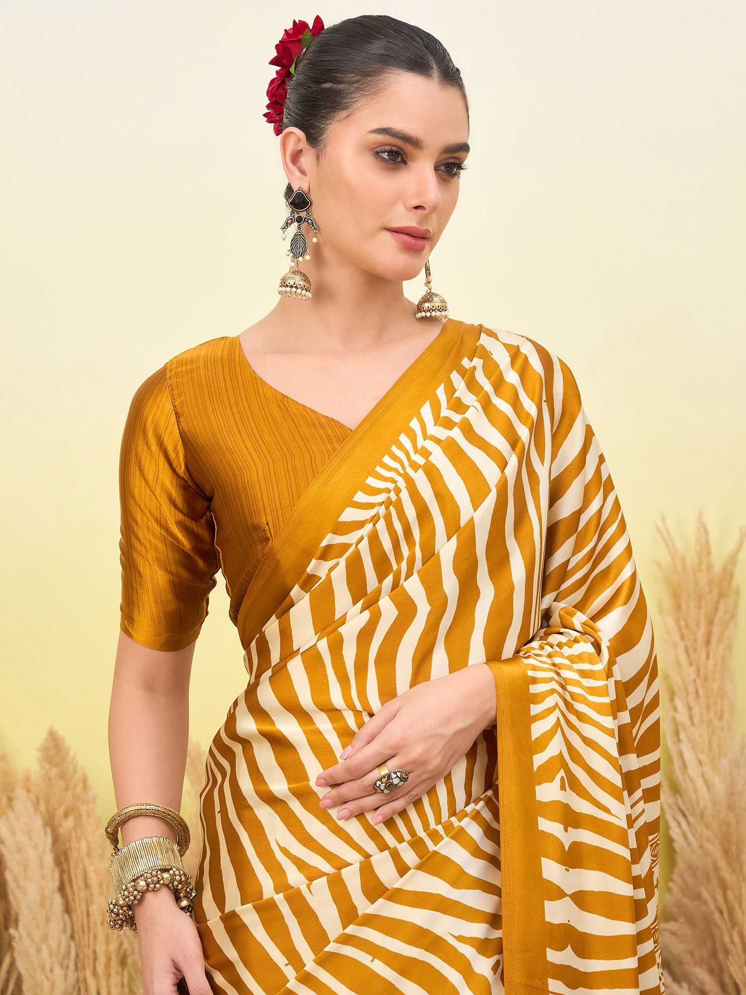 Magnetic Function Wear Pure Satin Silk Print Design Fancy Saree With Unstitched Blouse Piece