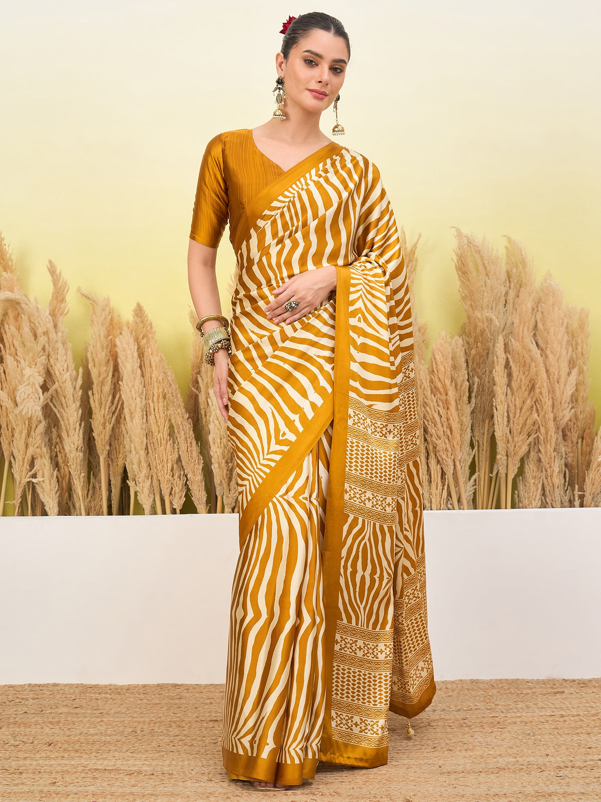 Magnetic Function Wear Pure Satin Silk Print Design Fancy Saree With Unstitched Blouse Piece