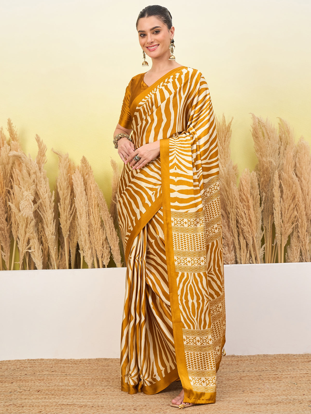 Magnetic Function Wear Pure Satin Silk Print Design Fancy Saree With Unstitched Blouse Piece