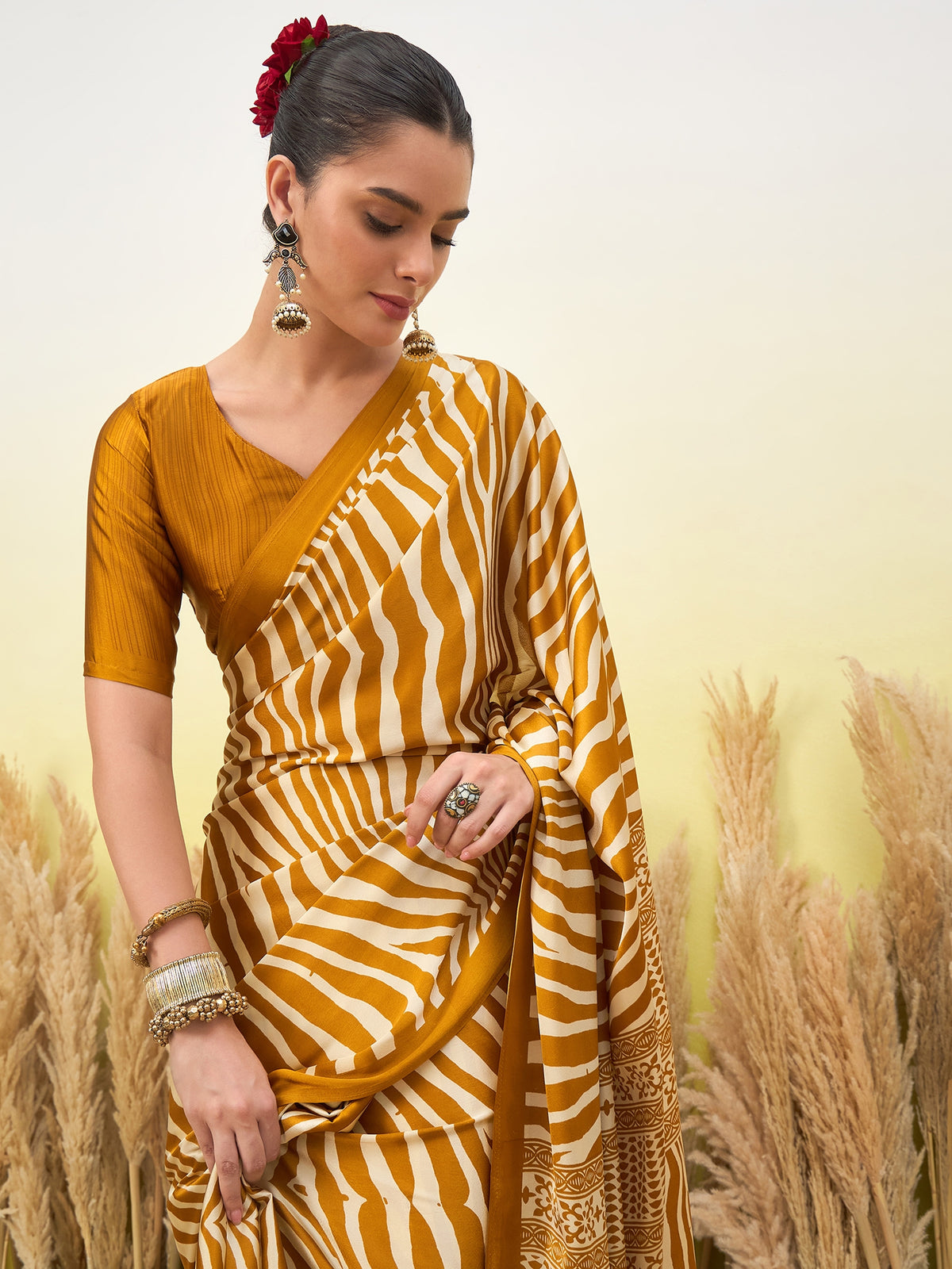 Magnetic Function Wear Pure Satin Silk Print Design Fancy Saree With Unstitched Blouse Piece