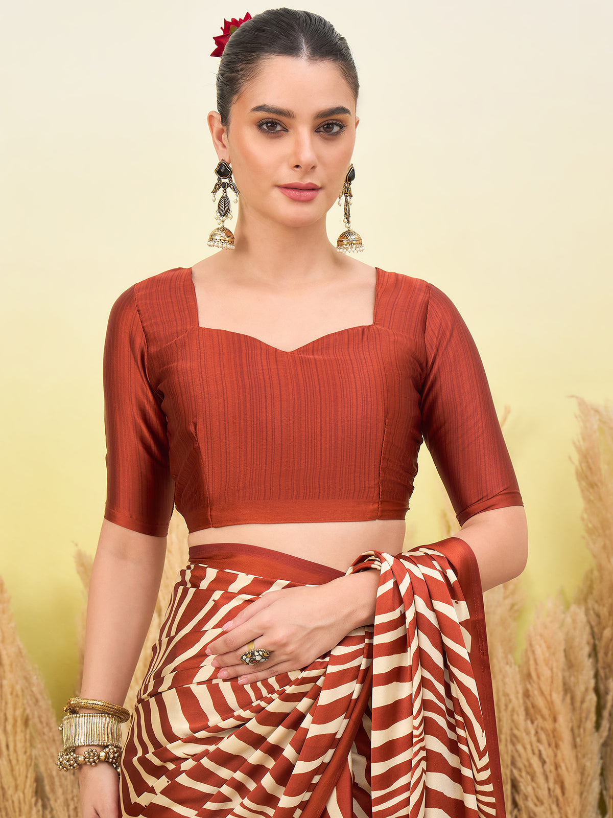 Magnetic Function Wear Pure Satin Silk Print Design Fancy Saree With Unstitched Blouse Piece