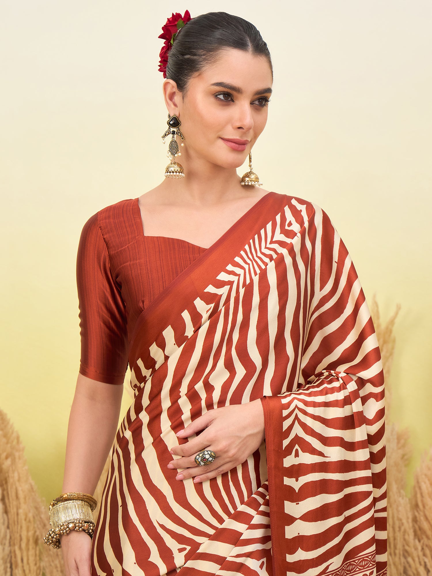 Magnetic Function Wear Pure Satin Silk Print Design Fancy Saree With Unstitched Blouse Piece