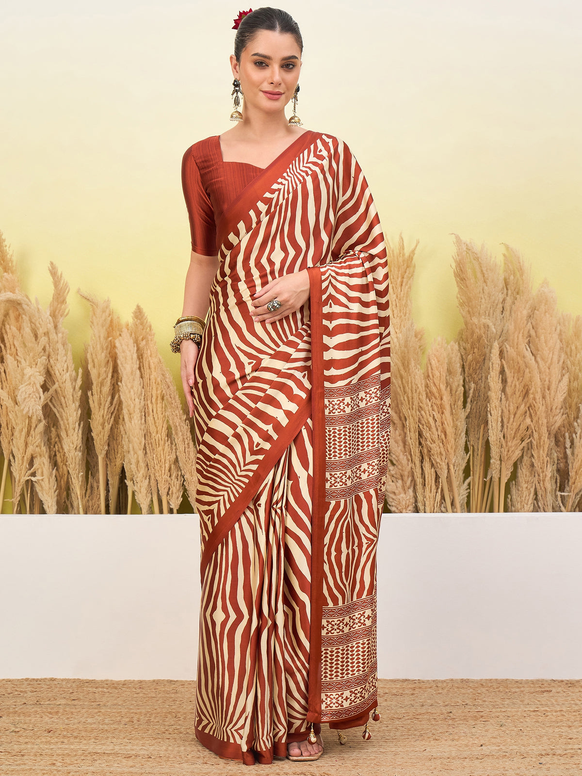 Magnetic Function Wear Pure Satin Silk Print Design Fancy Saree With Unstitched Blouse Piece