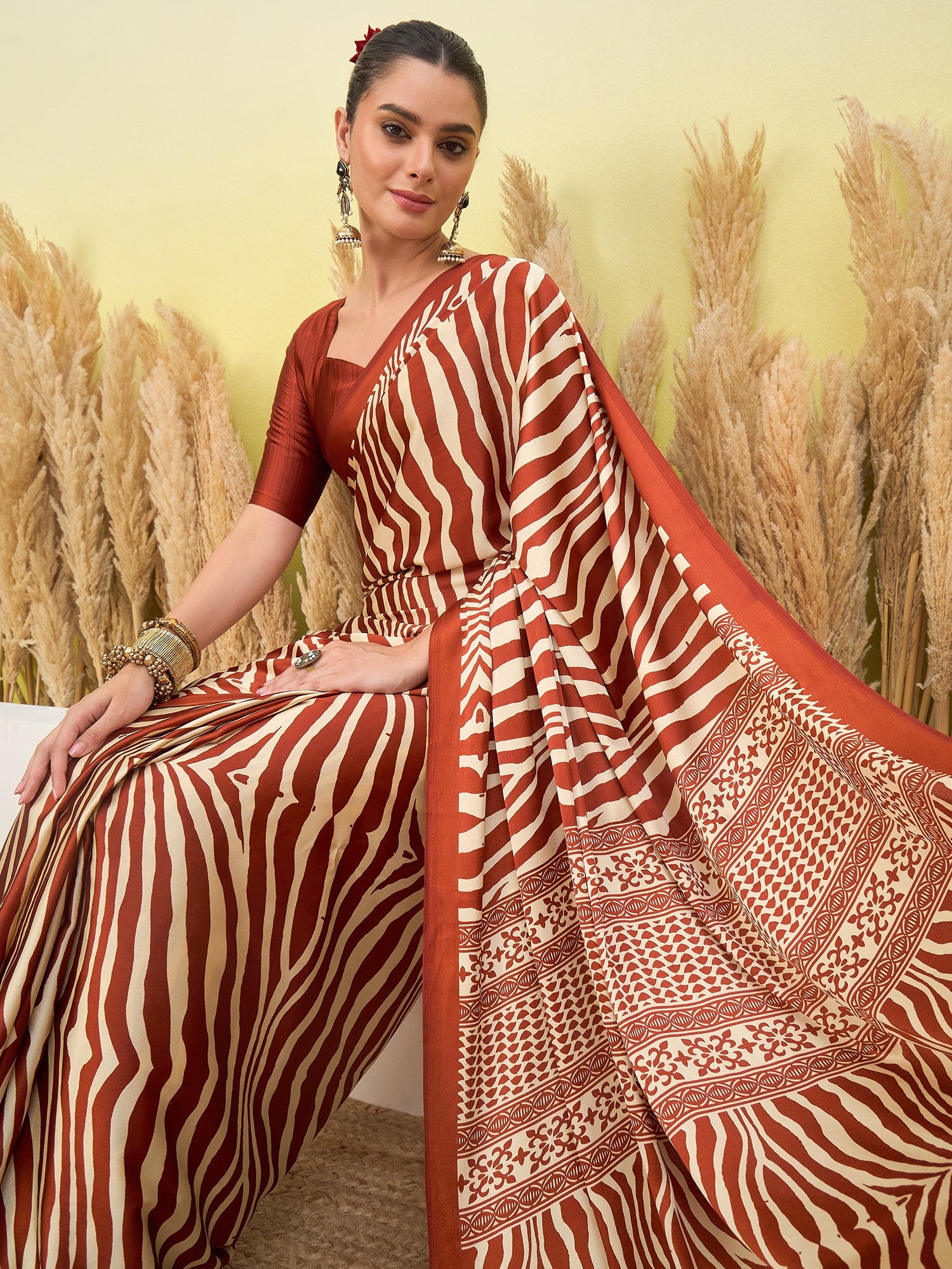 Magnetic Function Wear Pure Satin Silk Print Design Fancy Saree With Unstitched Blouse Piece