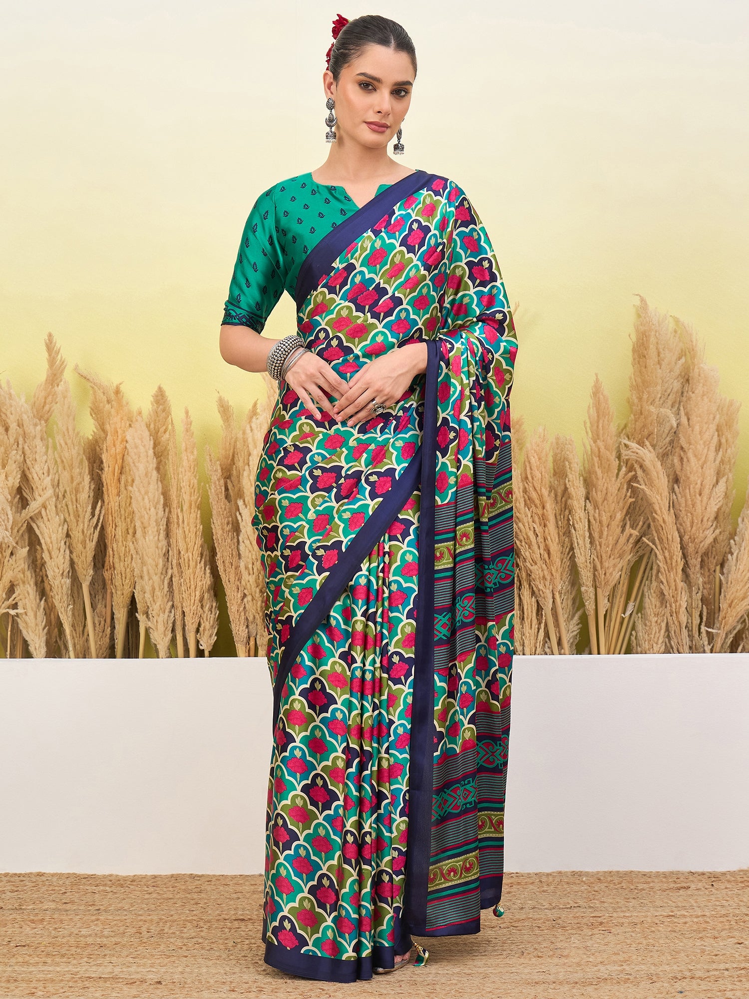 Blossom Party Wear Silk Flower Print Design Fancy Saree With Elegant Blouse Piece
