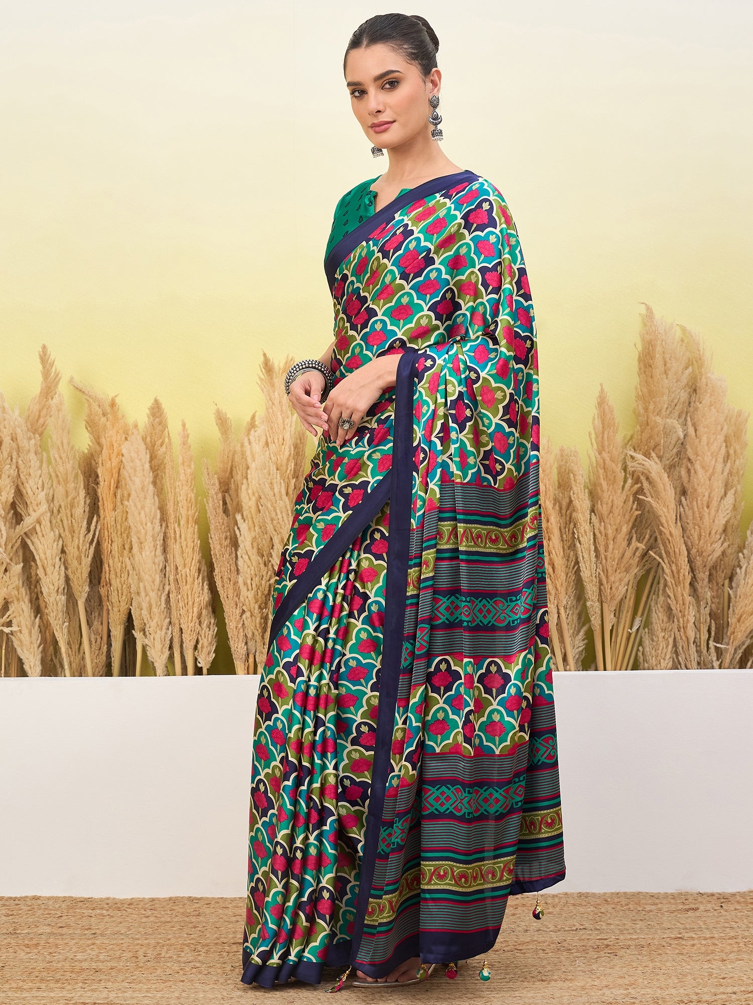 Blossom Party Wear Silk Flower Print Design Fancy Saree With Elegant Blouse Piece