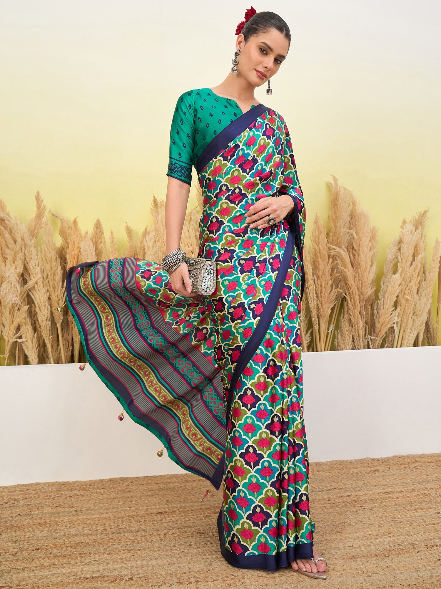 Blossom Party Wear Silk Flower Print Design Fancy Saree With Elegant Blouse Piece