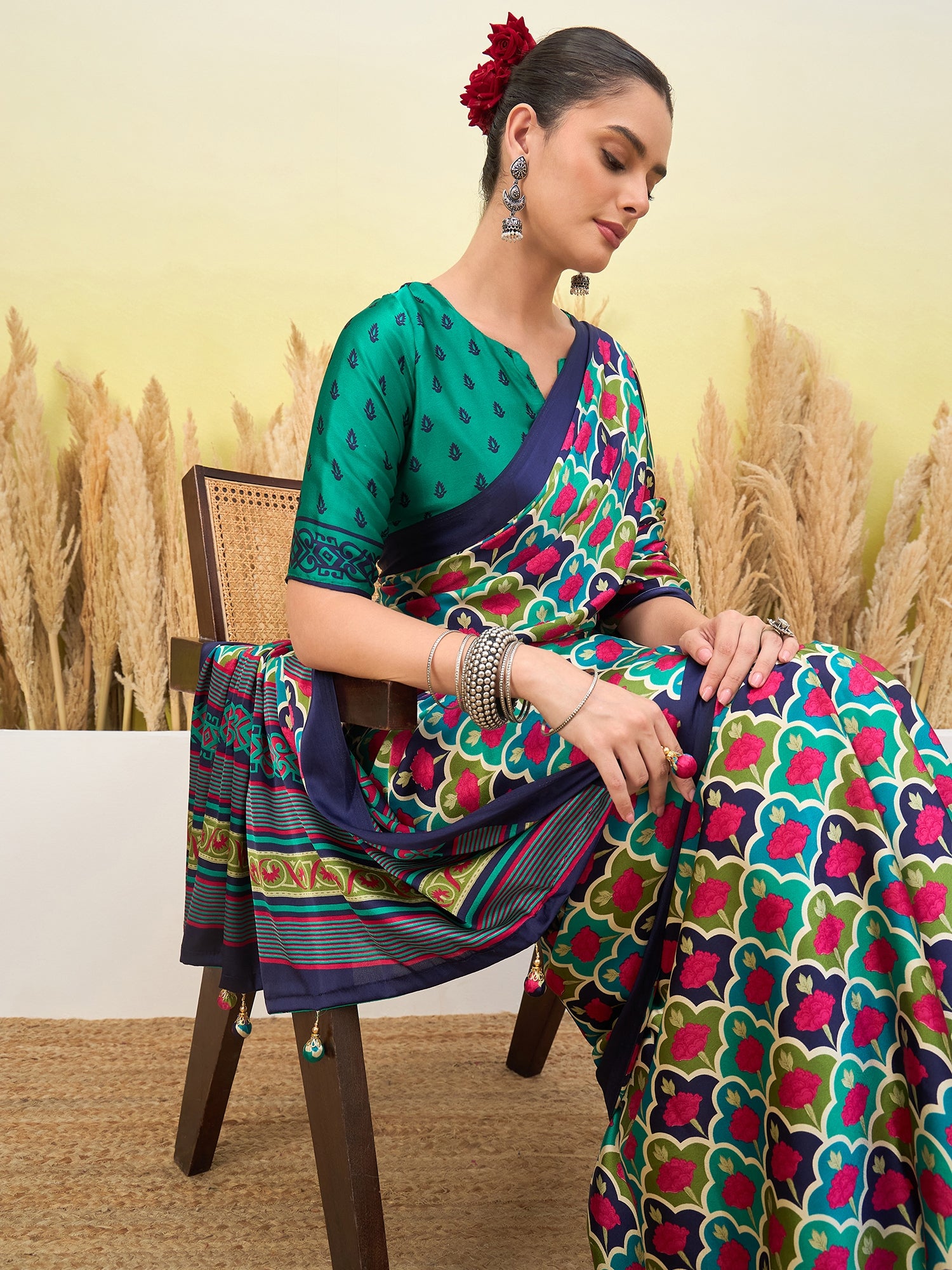 Blossom Party Wear Silk Flower Print Design Fancy Saree With Elegant Blouse Piece