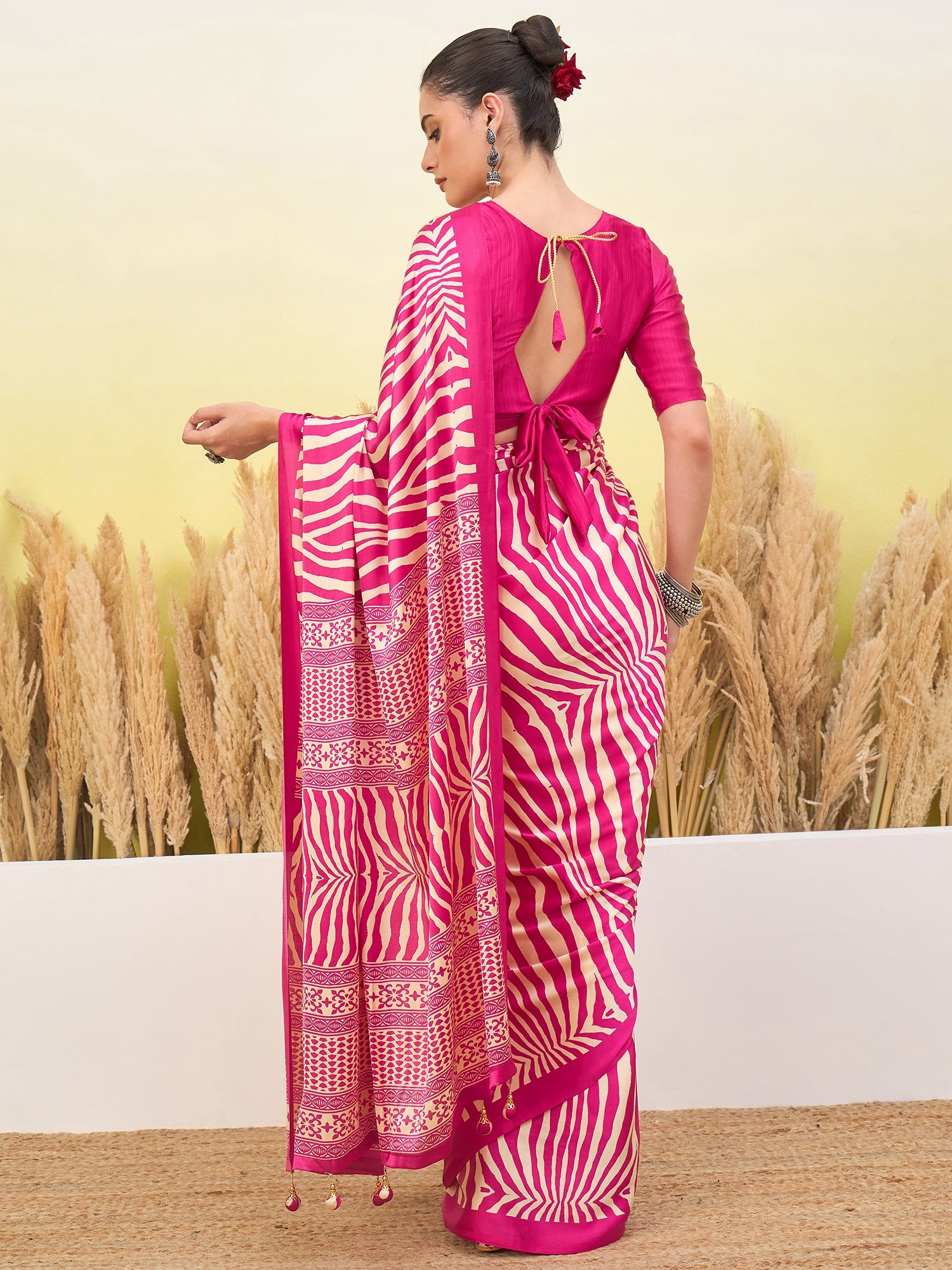 Magnetic Function Wear Pure Satin Silk Print Design Fancy Saree With Unstitched Blouse Piece