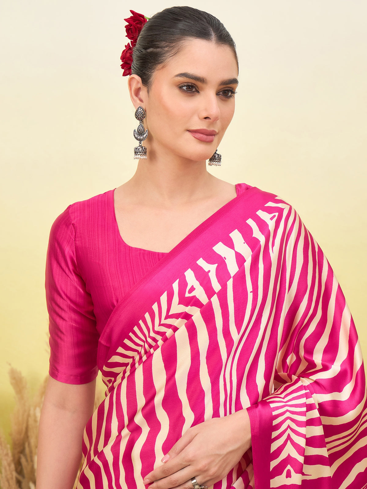 Magnetic Function Wear Pure Satin Silk Print Design Fancy Saree With Unstitched Blouse Piece
