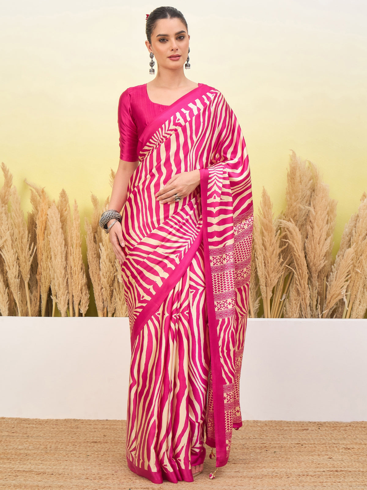 Magnetic Function Wear Pure Satin Silk Print Design Fancy Saree With Unstitched Blouse Piece