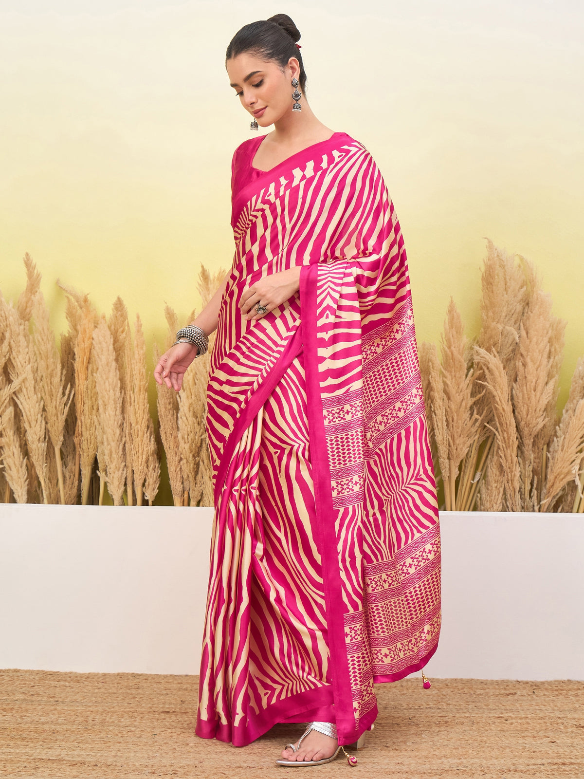 Magnetic Function Wear Pure Satin Silk Print Design Fancy Saree With Unstitched Blouse Piece