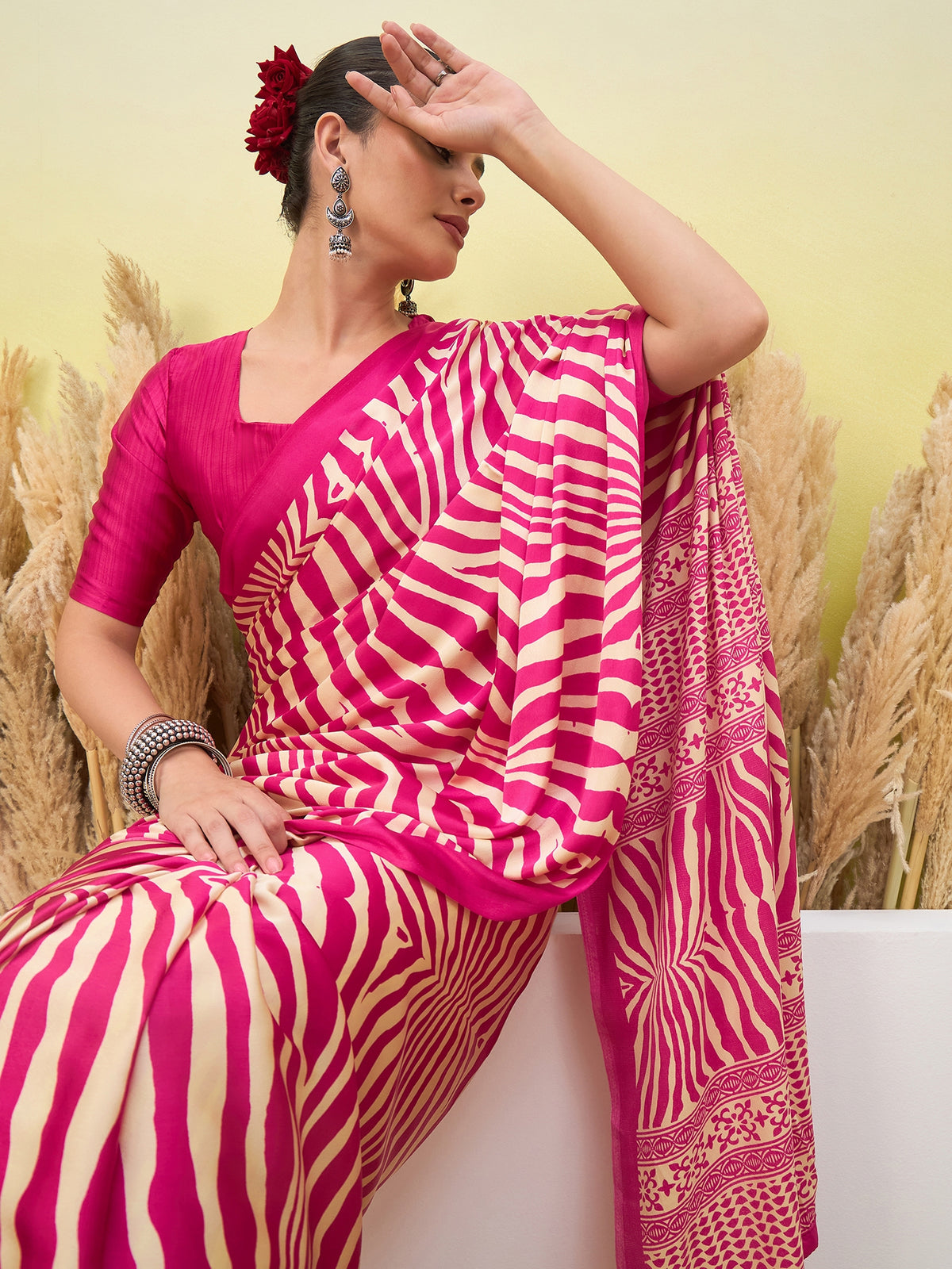 Magnetic Function Wear Pure Satin Silk Print Design Fancy Saree With Unstitched Blouse Piece