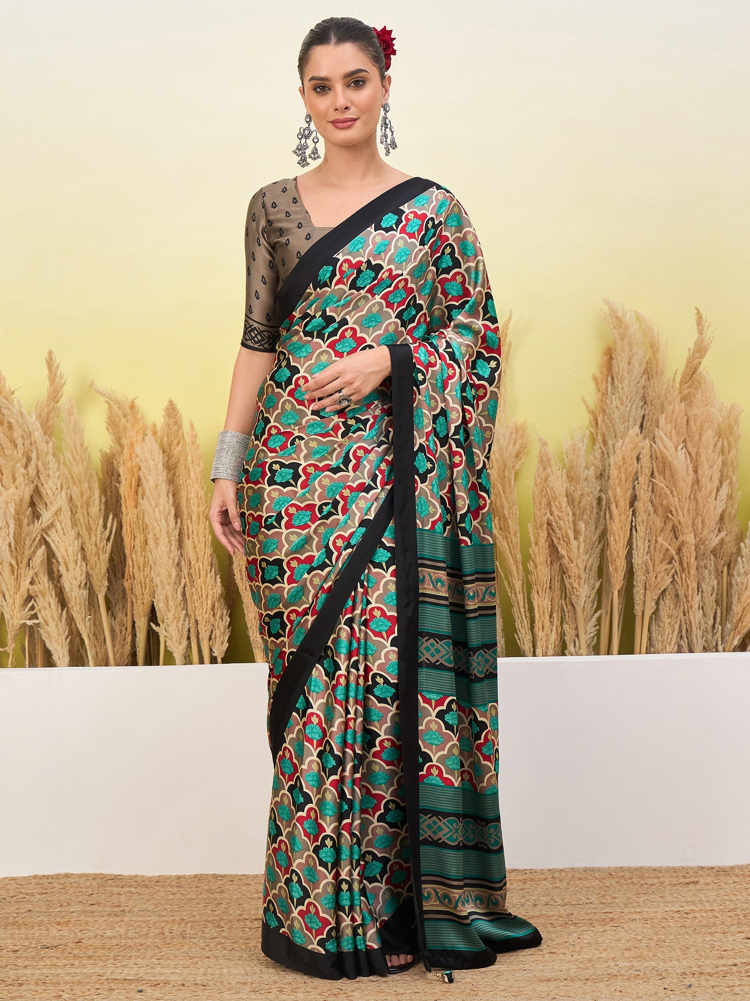 Blossom Party Wear Silk Flower Print Design Fancy Saree With Elegant Blouse Piece