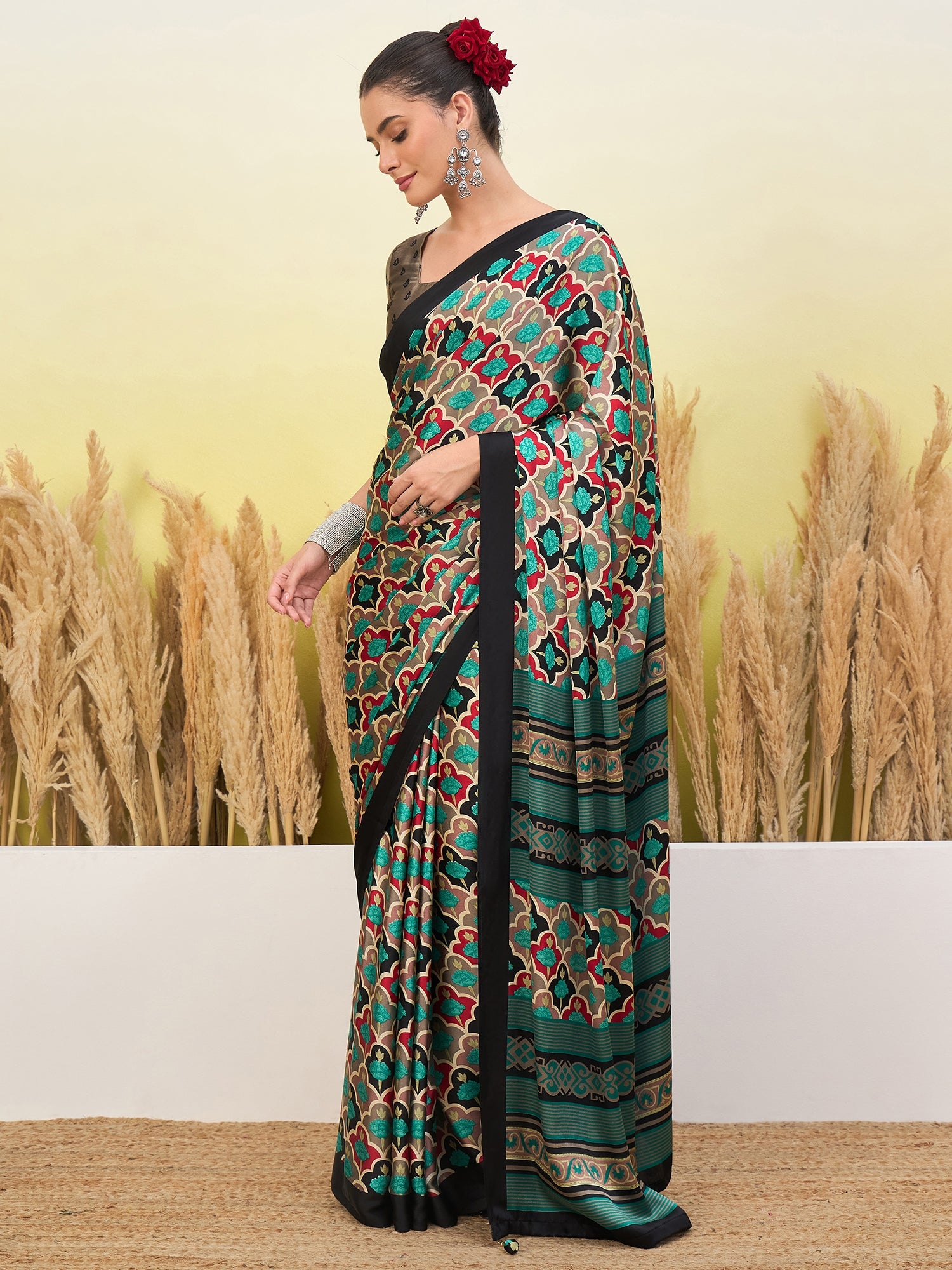 Blossom Party Wear Silk Flower Print Design Fancy Saree With Elegant Blouse Piece