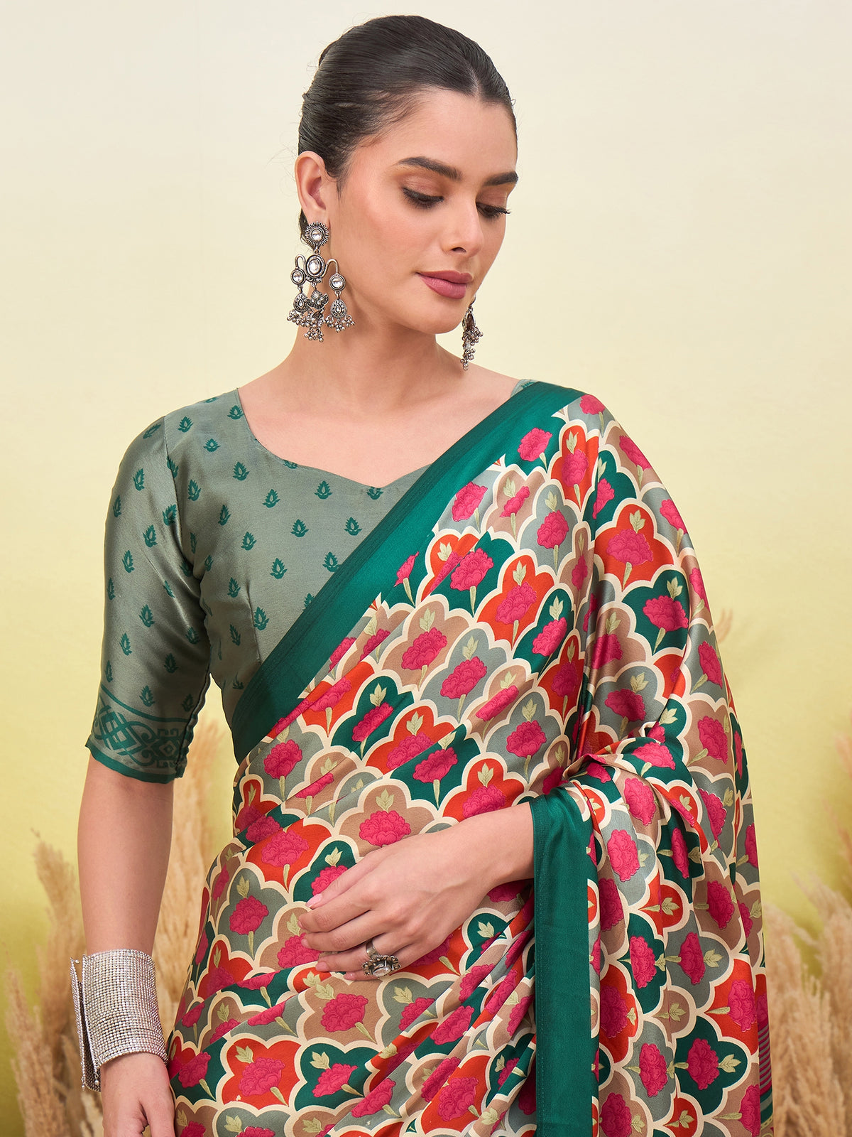 Blossom Party Wear Silk Flower Print Designer Saree With Unstitched Blouse Piece