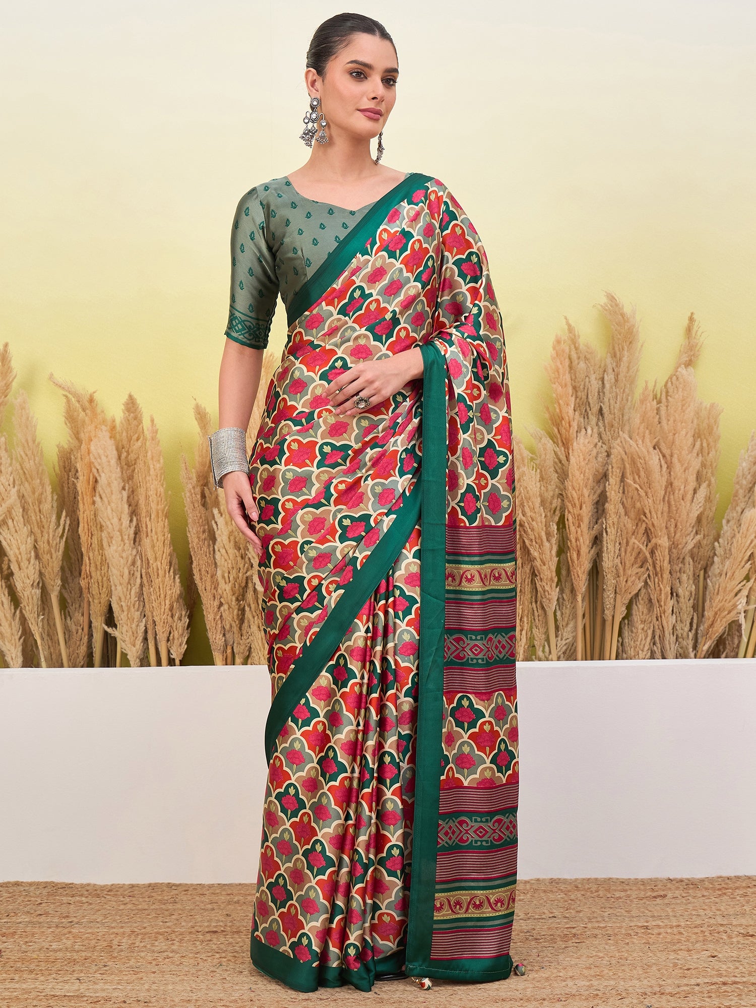 Blossom Party Wear Silk Flower Print Design Fancy Saree With Elegant Blouse Piece