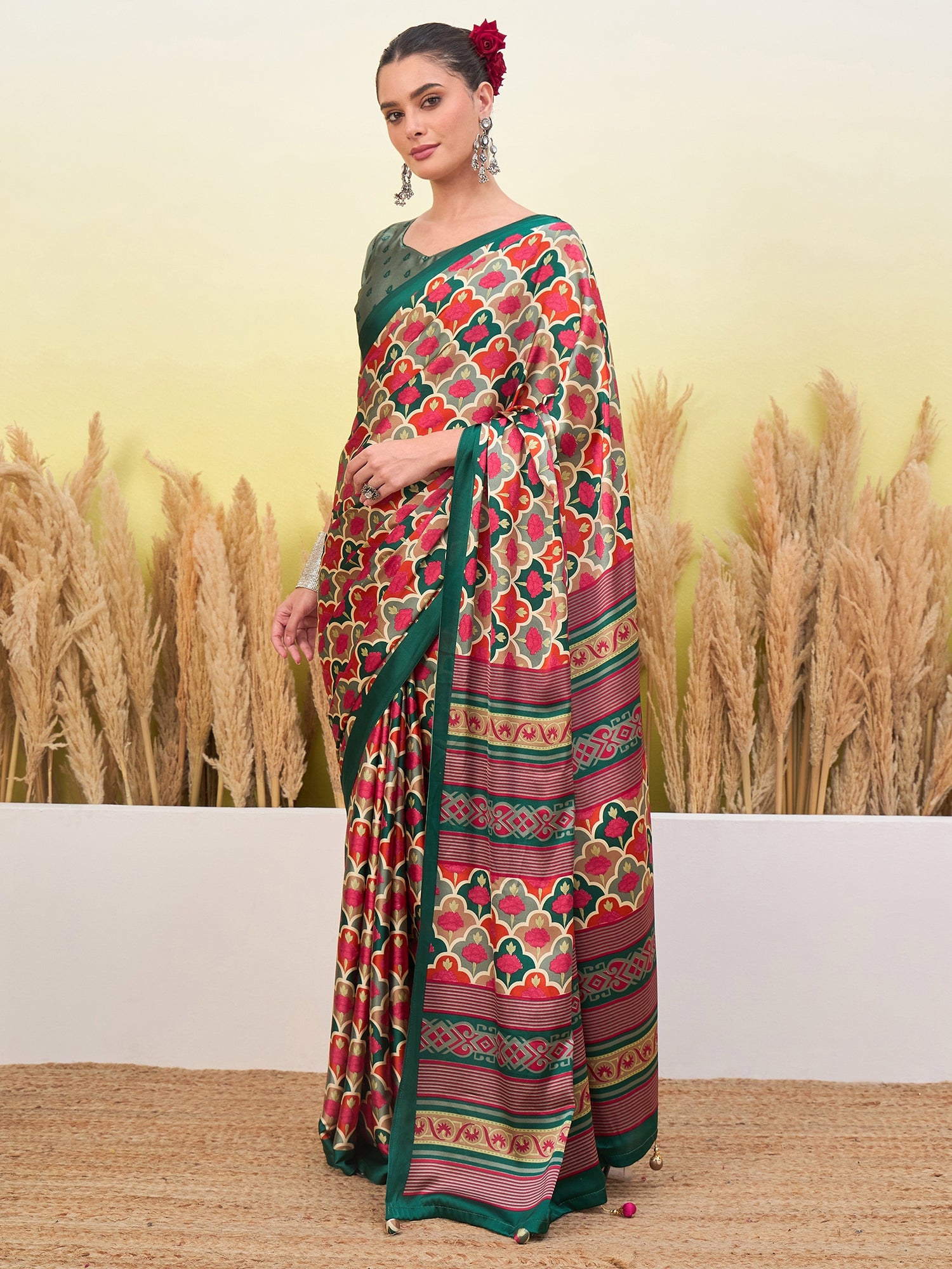 Blossom Party Wear Silk Flower Print Design Fancy Saree With Elegant Blouse Piece