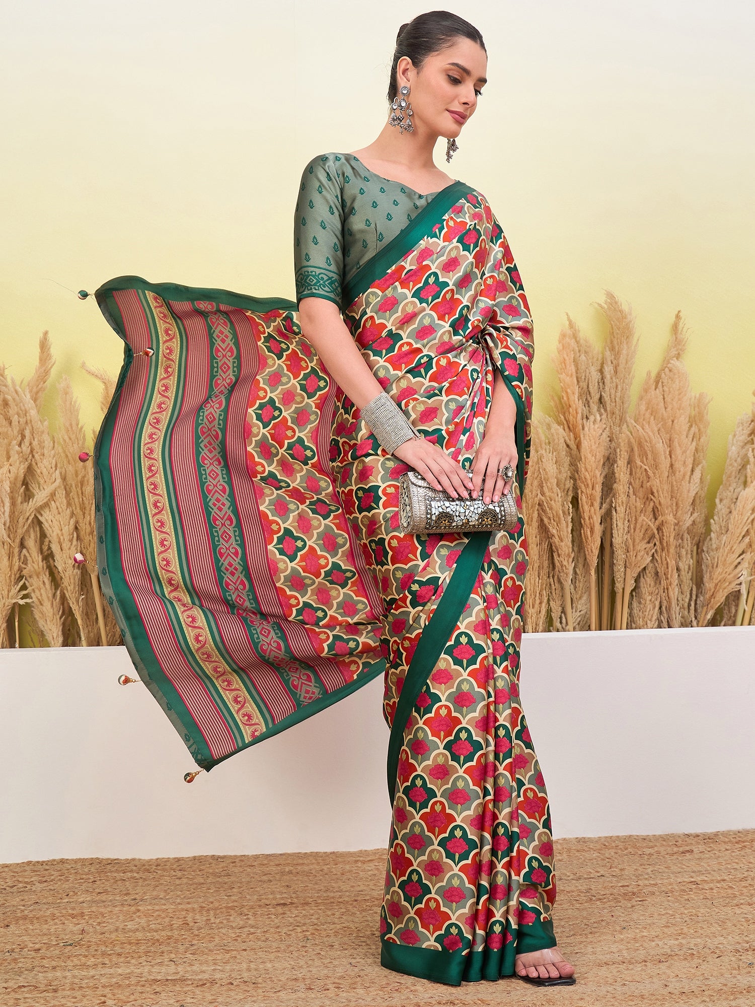Blossom Party Wear Silk Flower Print Design Fancy Saree With Elegant Blouse Piece
