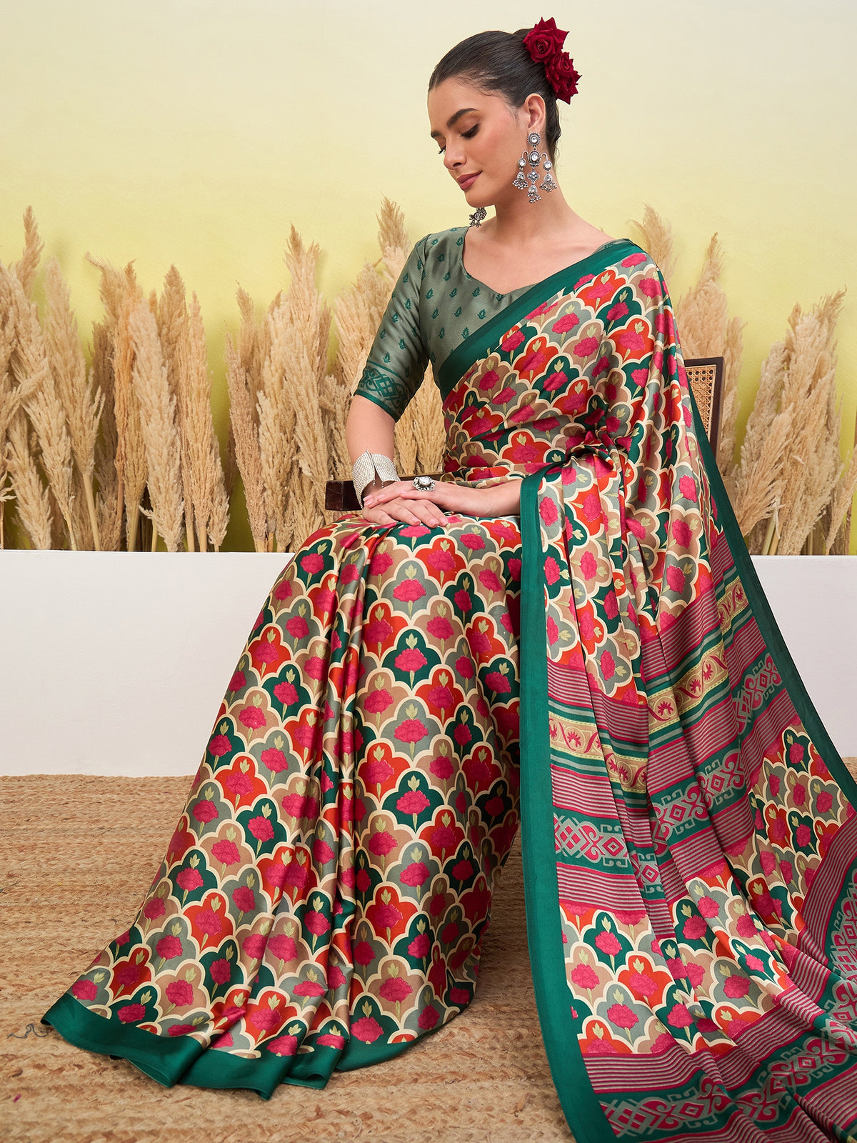 Blossom Party Wear Silk Flower Print Designer Saree With Unstitched Blouse Piece