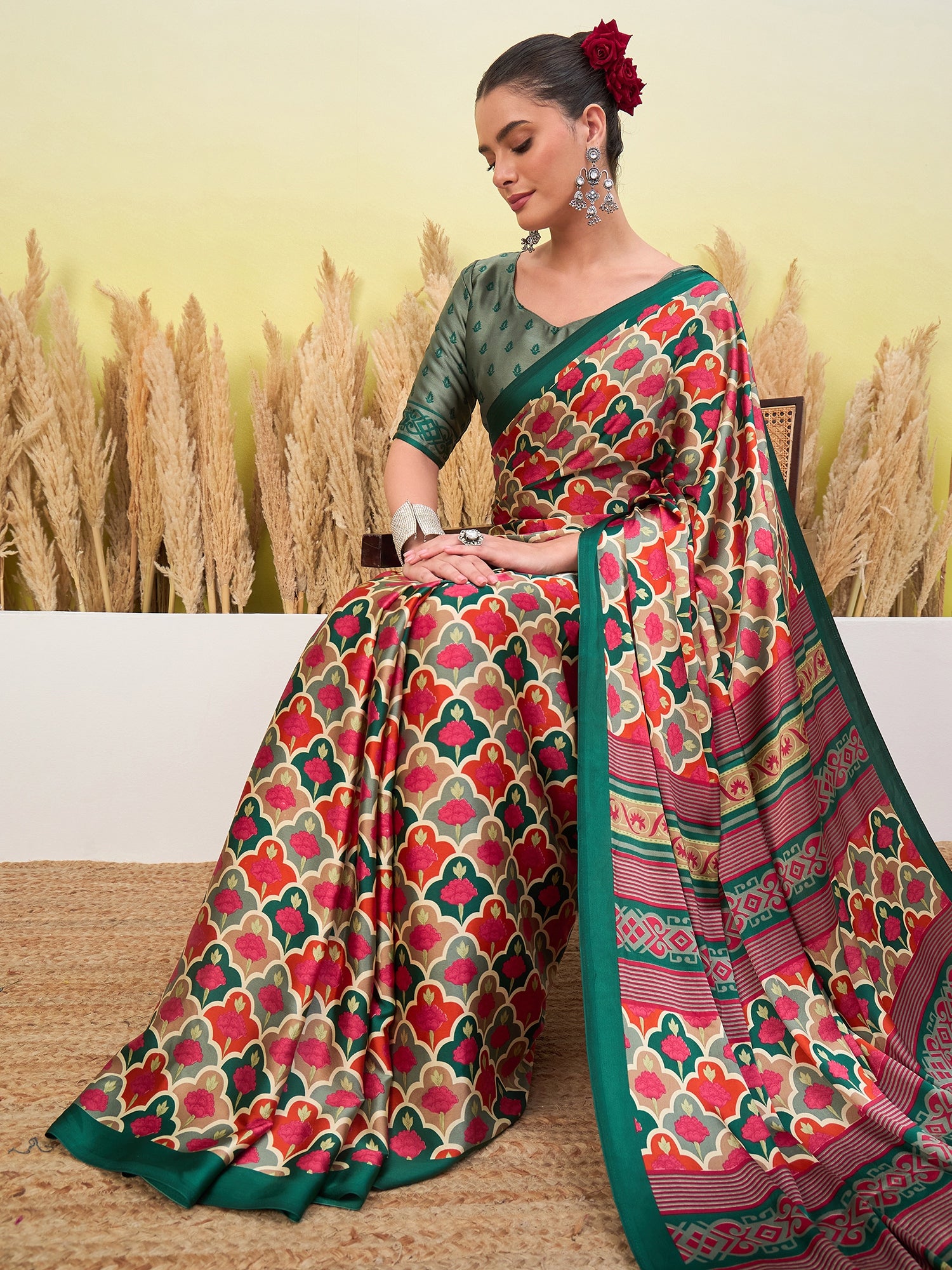 Blossom Party Wear Silk Flower Print Design Fancy Saree With Elegant Blouse Piece