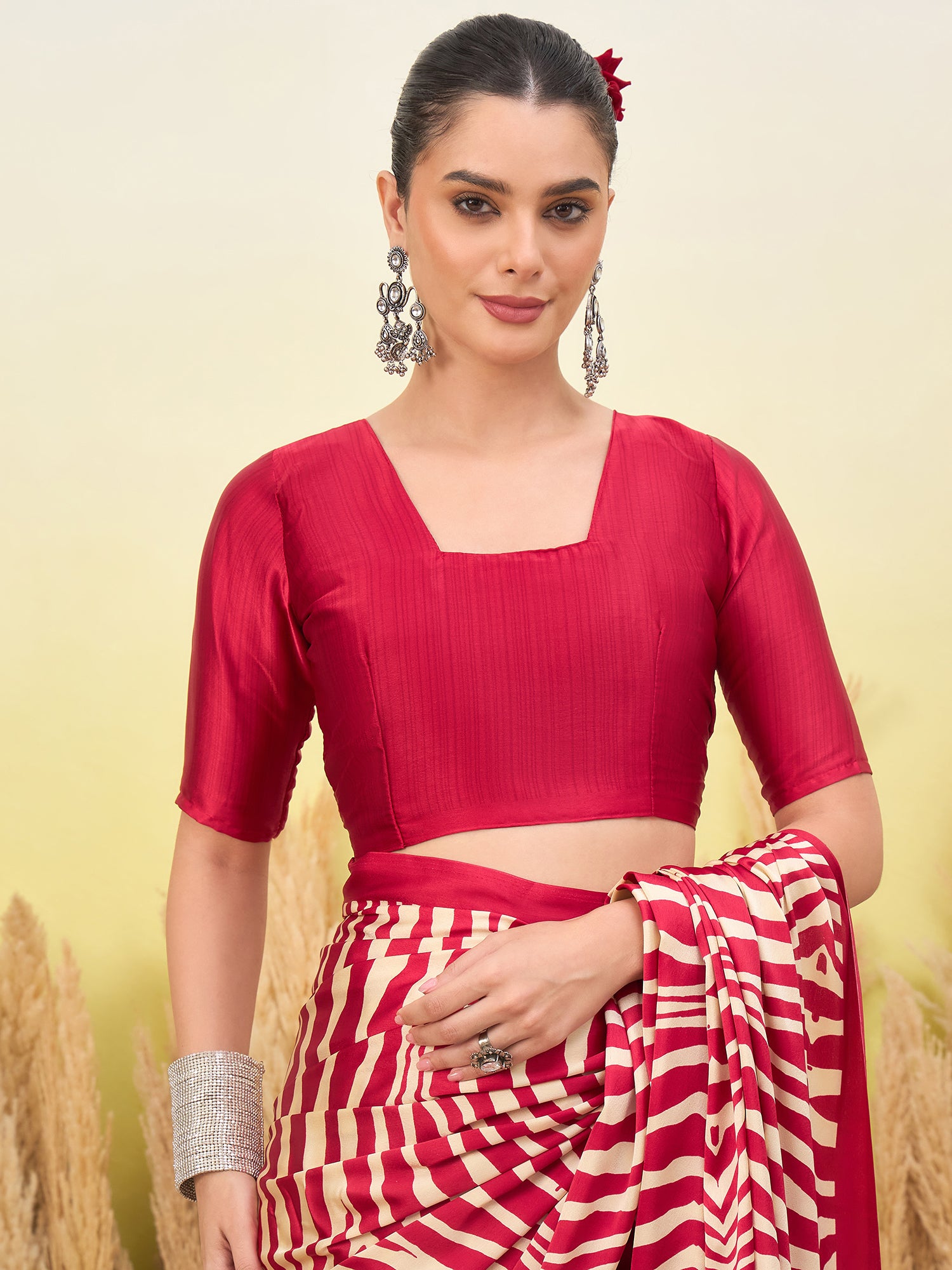 Magnetic Function Wear Pure Satin Silk Print Design Fancy Saree With Unstitched Blouse Piece