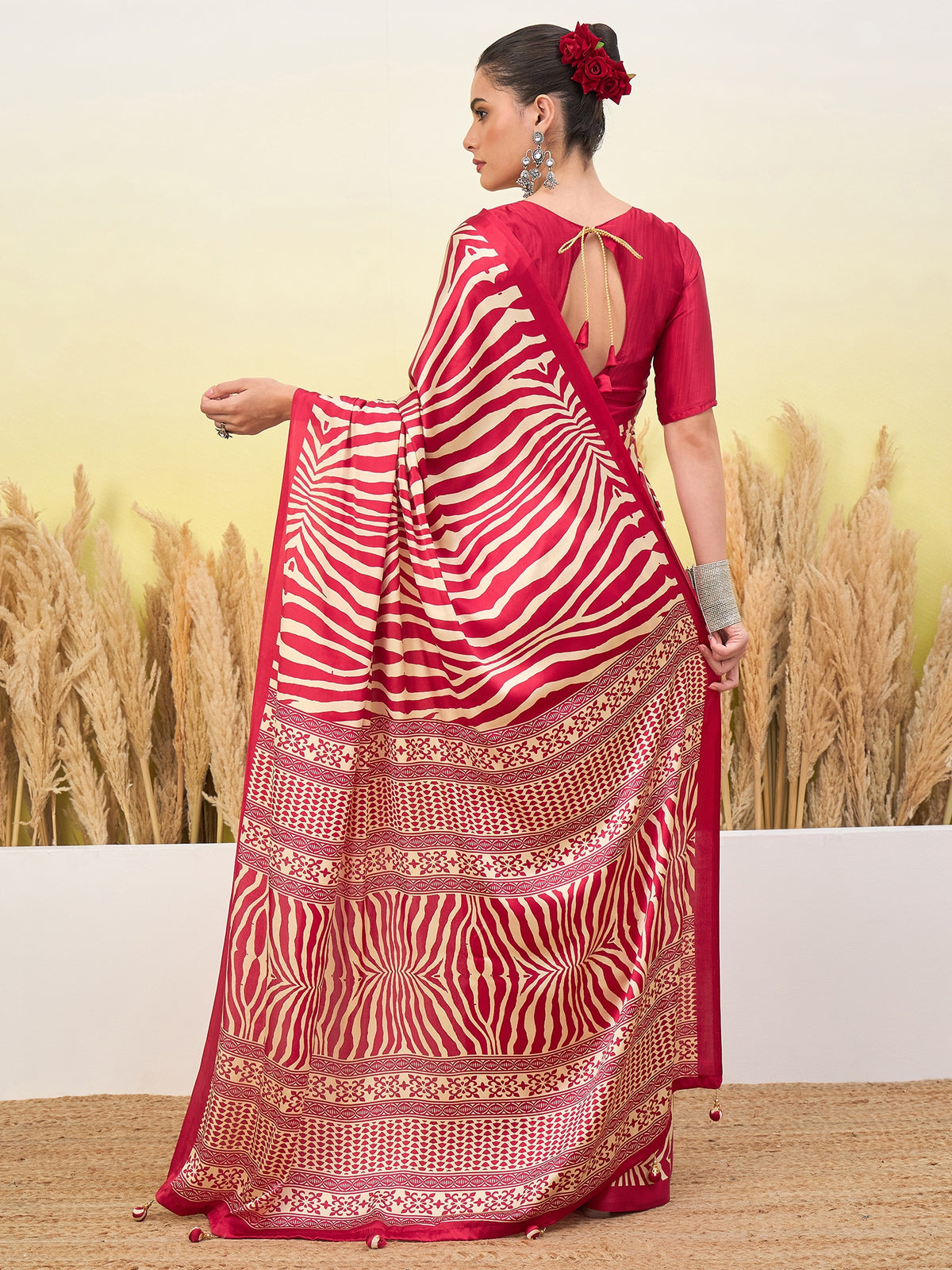 Magnetic Function Wear Pure Satin Silk Print Design Fancy Saree With Unstitched Blouse Piece