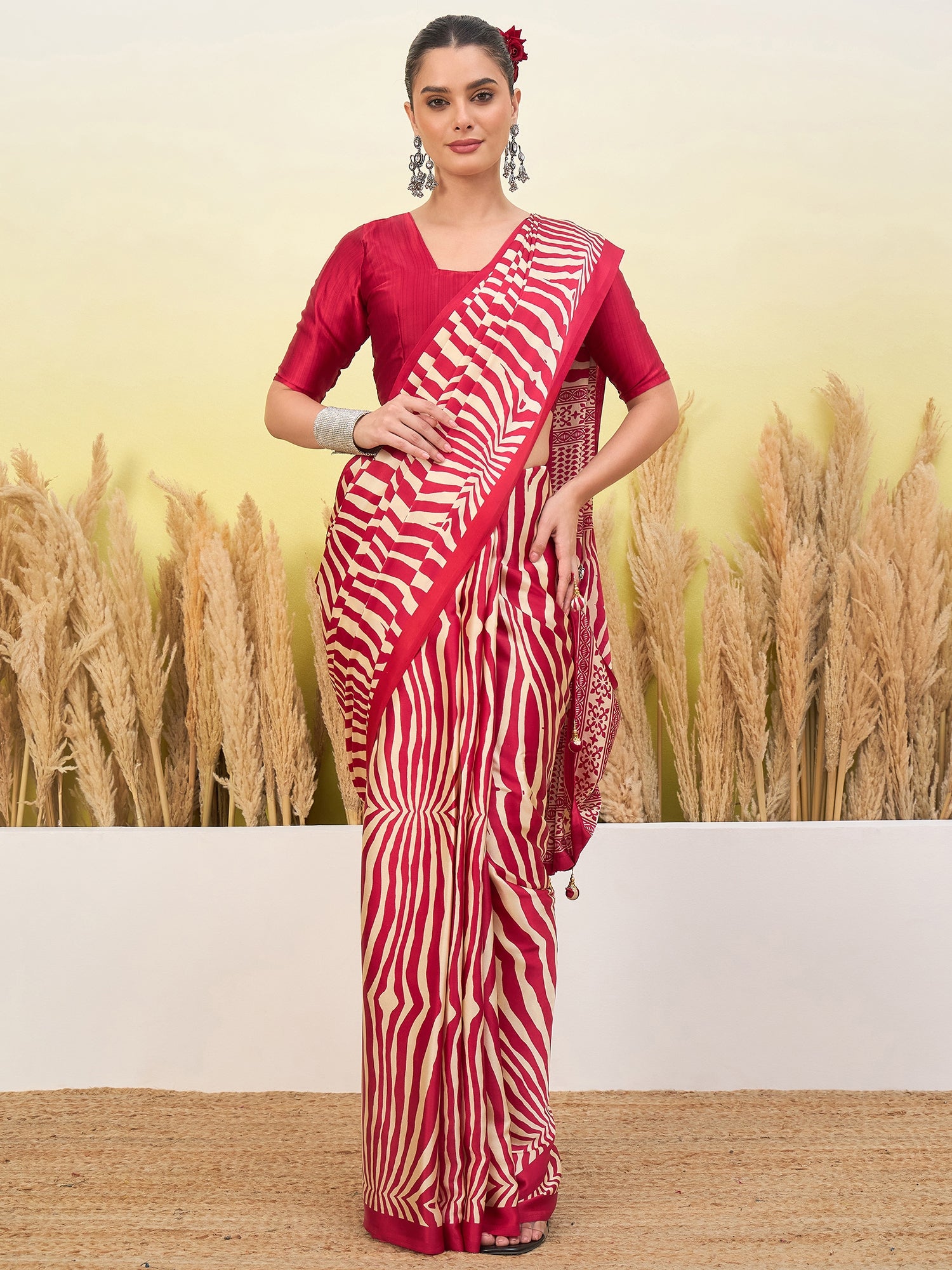 Magnetic Function Wear Pure Satin Silk Print Design Fancy Saree With Unstitched Blouse Piece