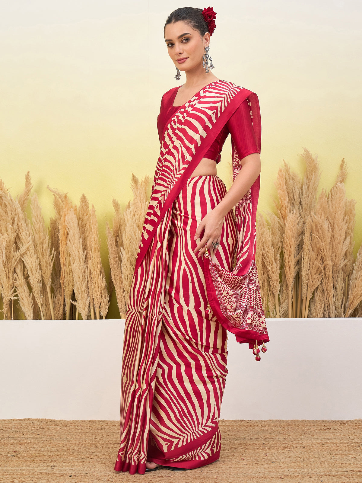Magnetic Function Wear Pure Satin Silk Print Design Fancy Saree With Unstitched Blouse Piece