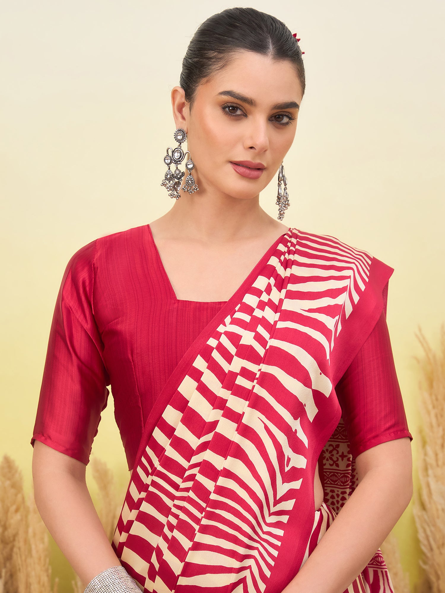 Magnetic Function Wear Pure Satin Silk Print Design Fancy Saree With Unstitched Blouse Piece