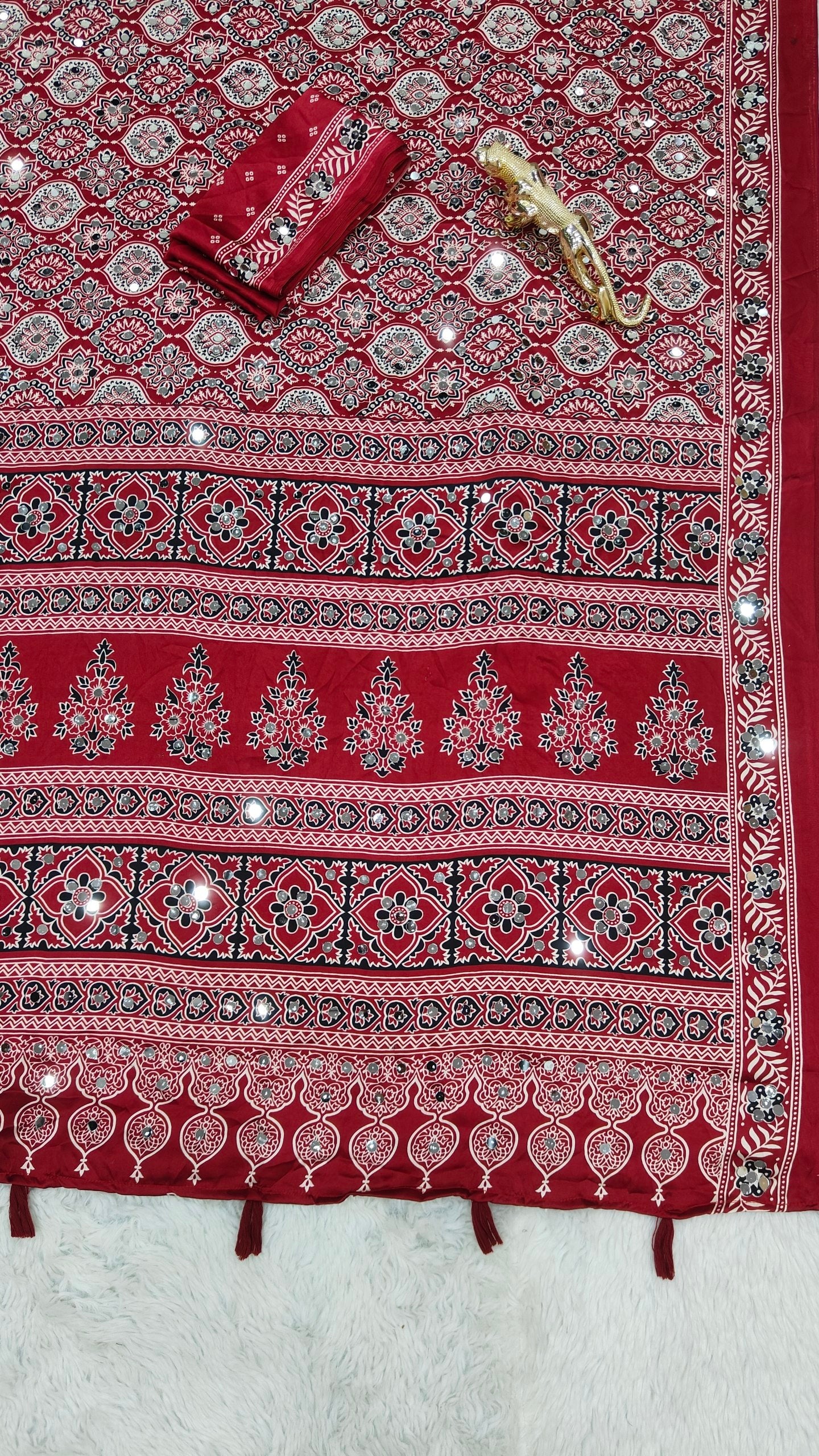 Charming Festive Wear Satin Silk Heavy Mirror n Latkan Pallu Designer Saree With Unstitched Blouse Piece