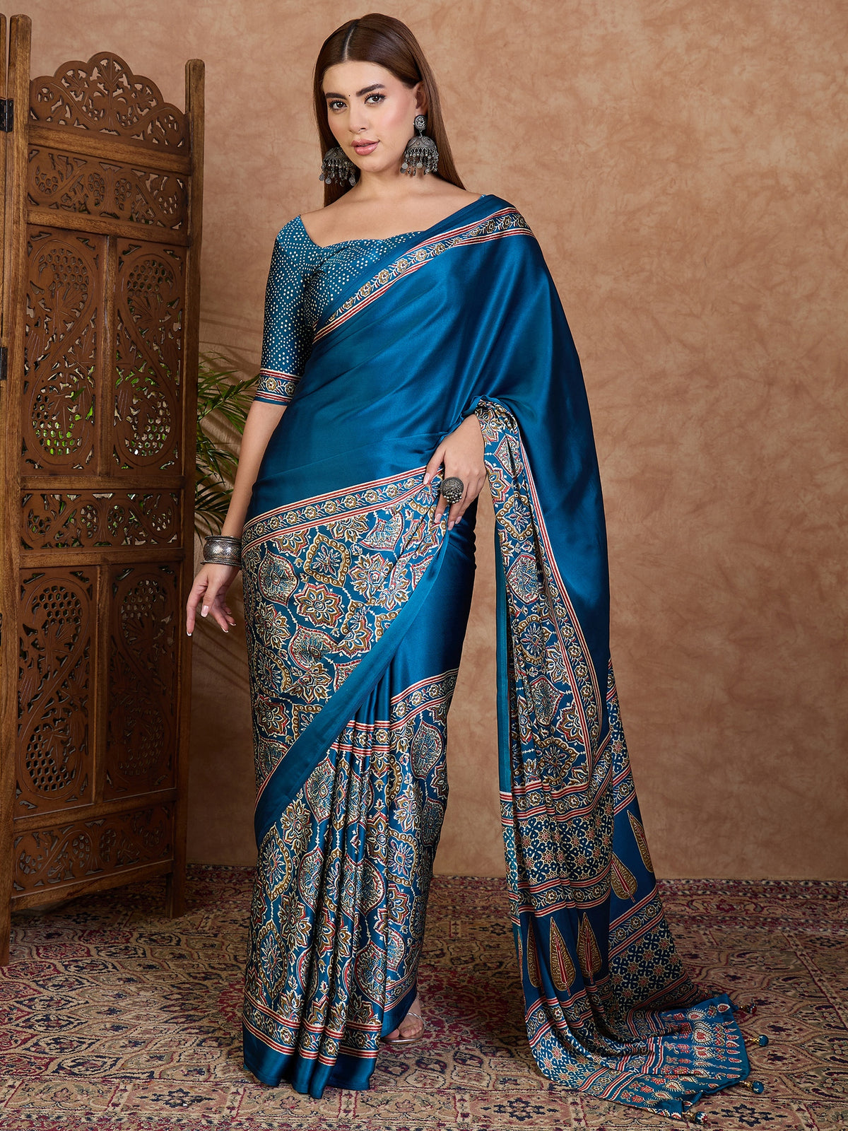 Heritage Function Wear Satin Silk Ajrak Print Rich Pallu Fancy Saree With Unstitched Blouse Piece