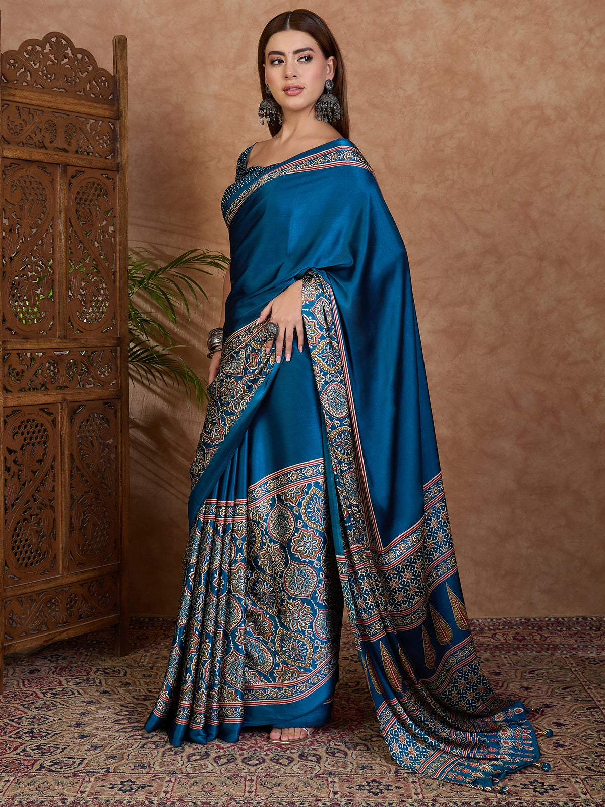 Heritage Function Wear Satin Silk Ajrak Print Rich Pallu Fancy Saree With Unstitched Blouse Piece
